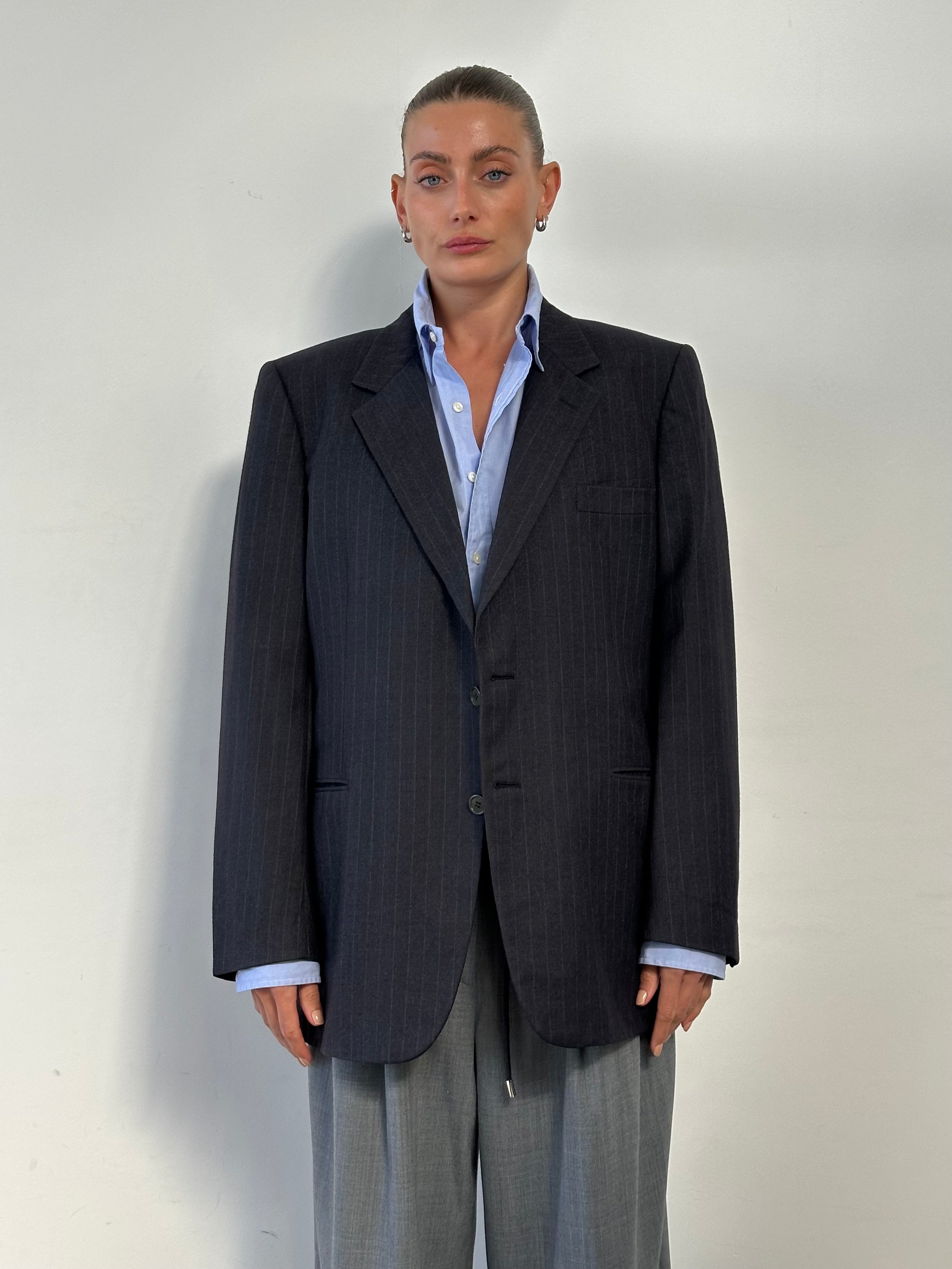 Burberry Pure Wool Stripe Single Breasted Blazer in size 44R/XL, featuring classic striped pattern and tailored fit.