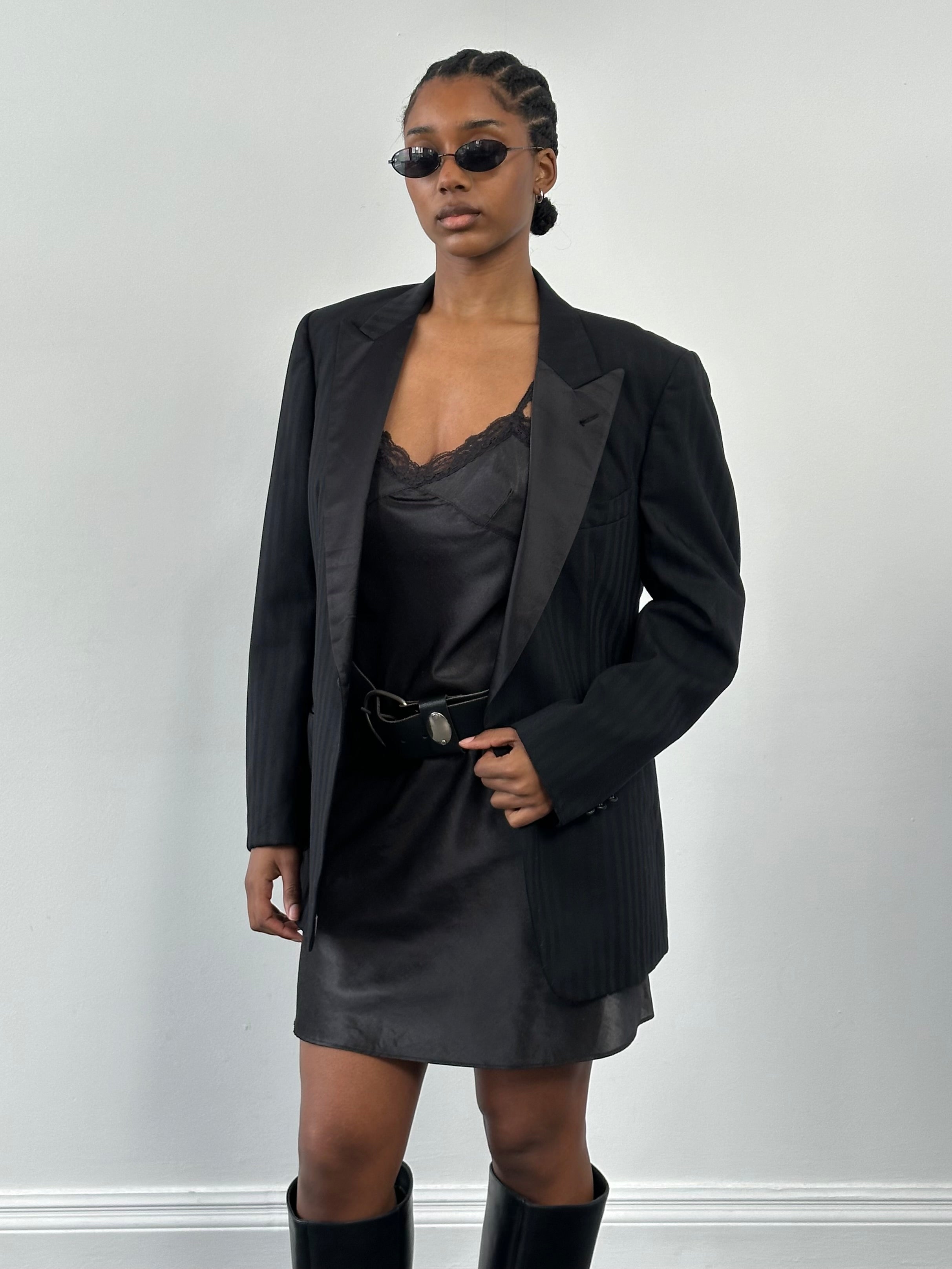 Christian Dior Monsieur 1990s wool tuxedo blazer with notched lapels and tailored fit, men's formal blazer in black.