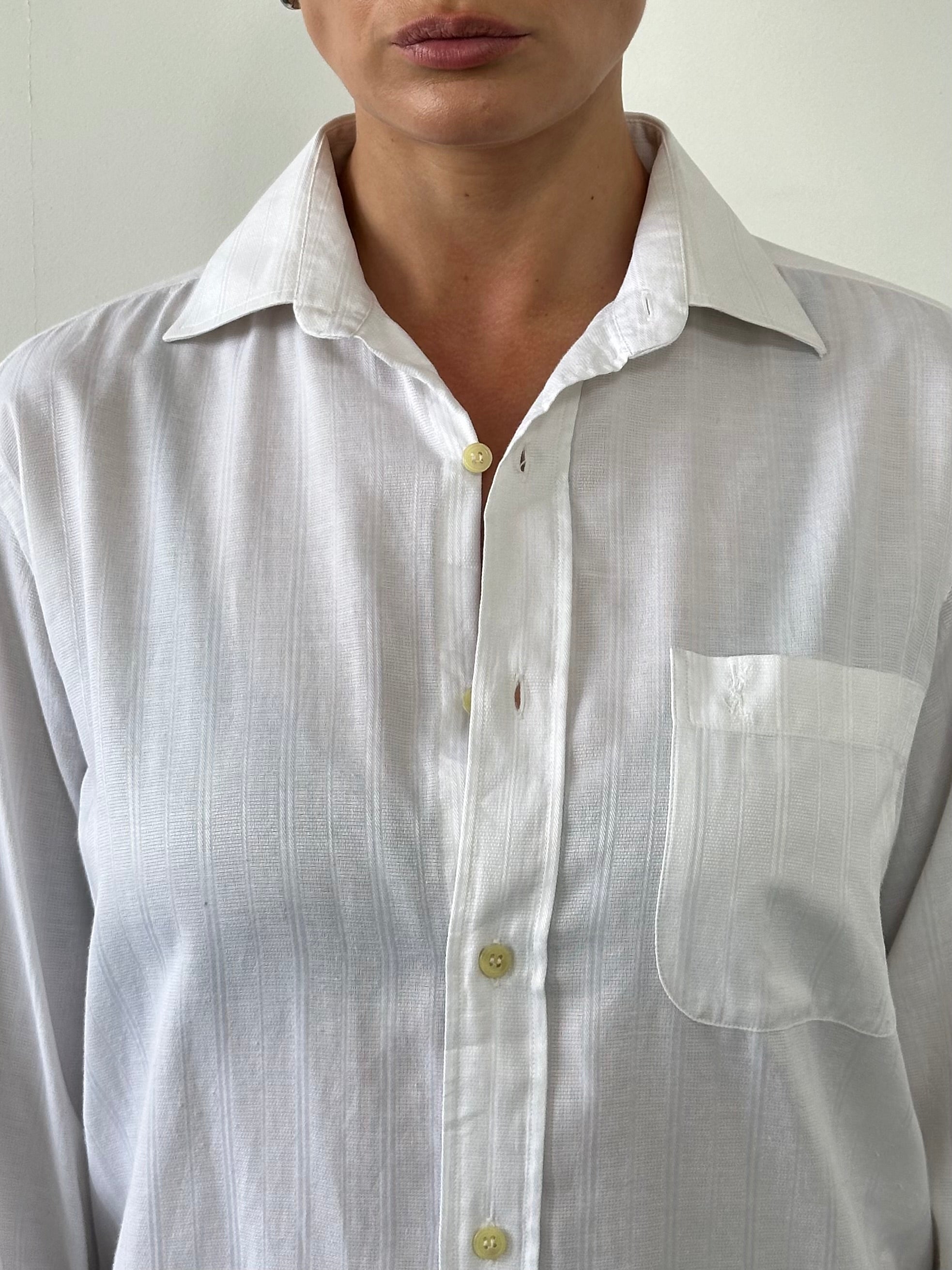Yves Saint Laurent Pour Homme 1990s cotton logo shirt, men's size M, featuring the iconic logo design and classic fit.