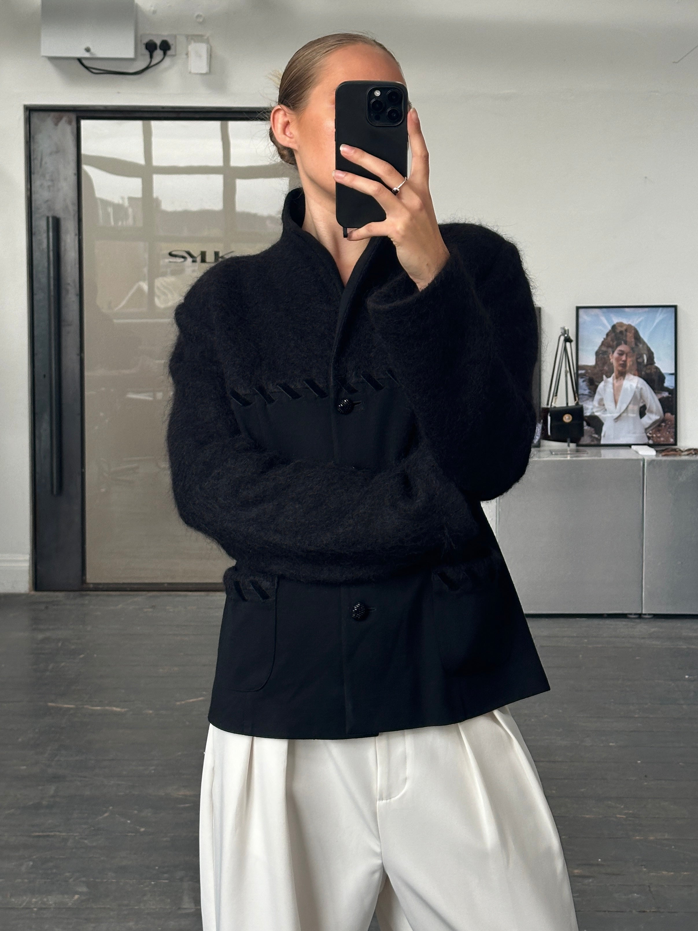 Vintage Italian 1990s mohair wool jacket with contrast panels, featuring a stylish tailored fit and classic design.