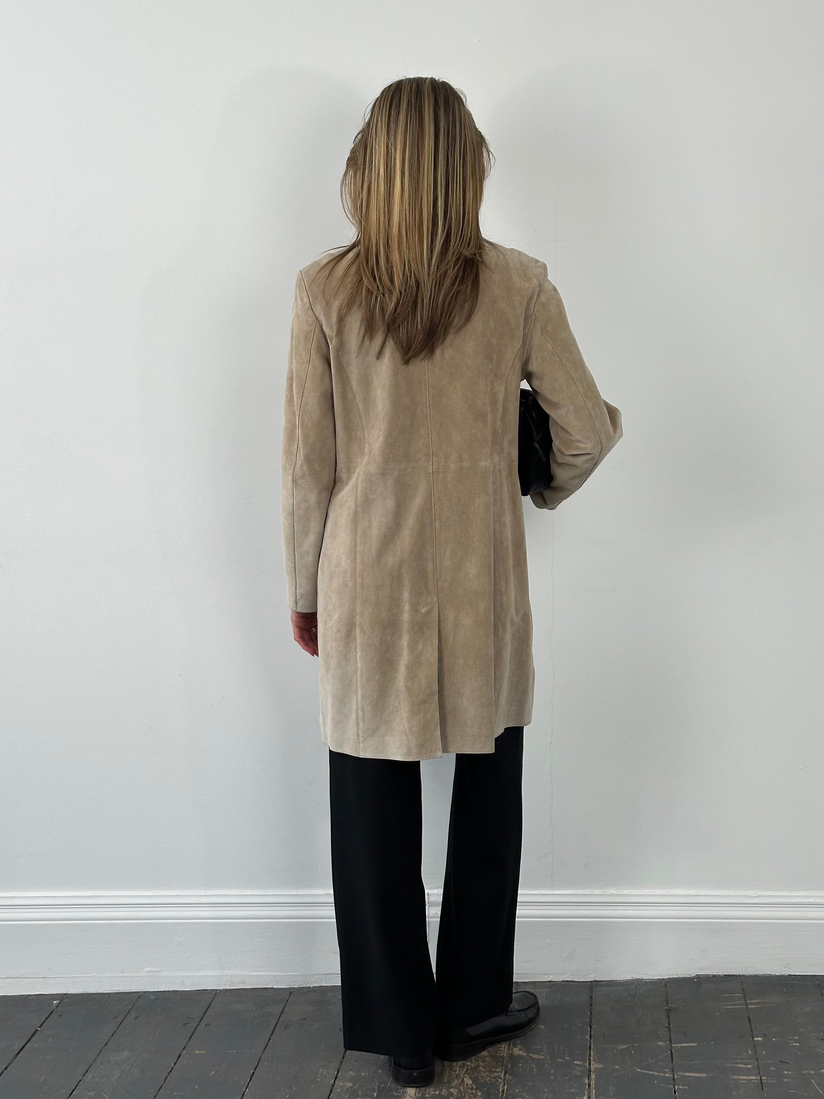 Vintage 1990s suede high neck leather jacket in medium size, showcasing classic design and rich leather texture.