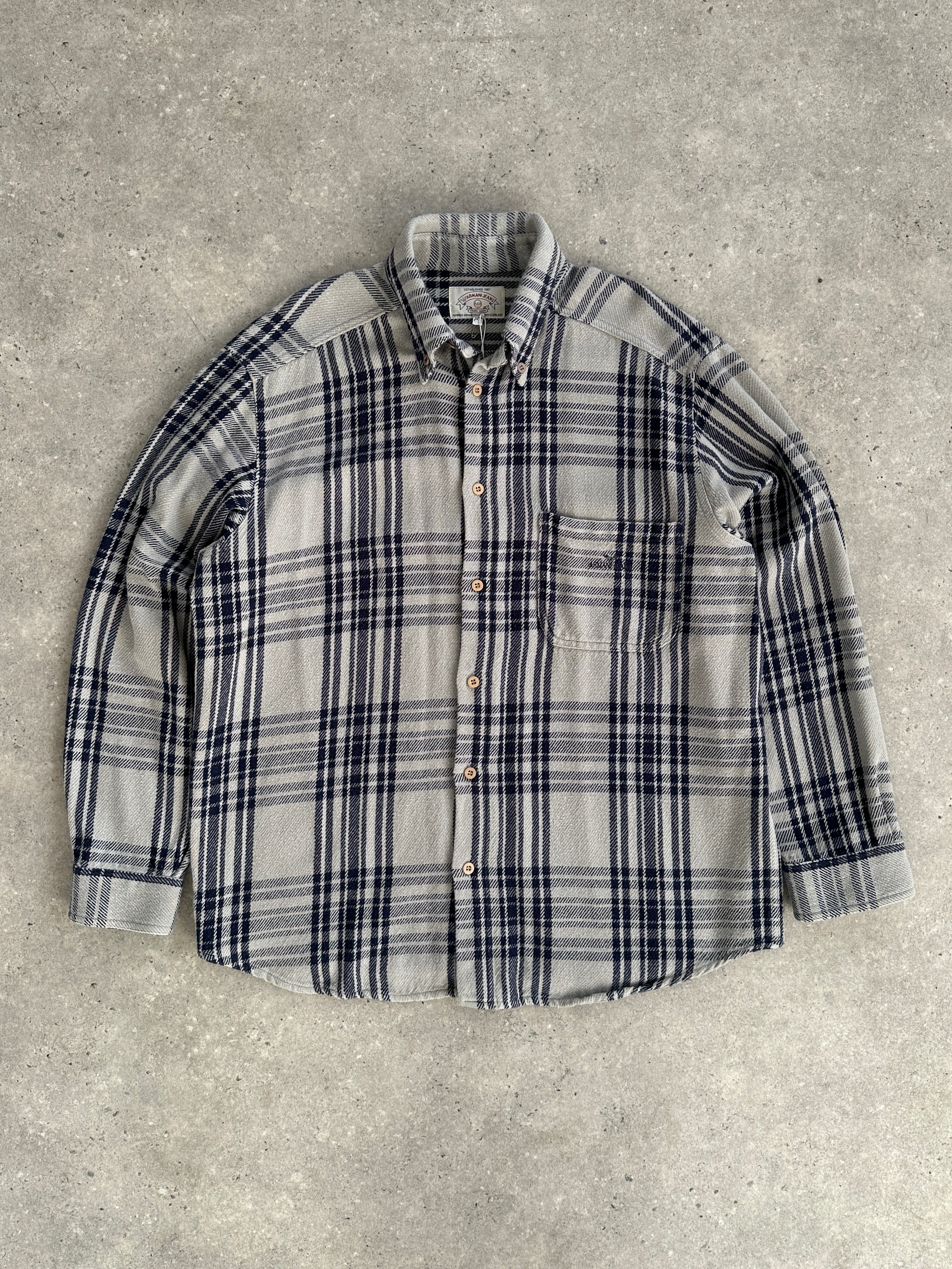Armani Jeans check flannel logo shirt in XL with a classic plaid pattern, button-up front, and embroidered Armani logo.