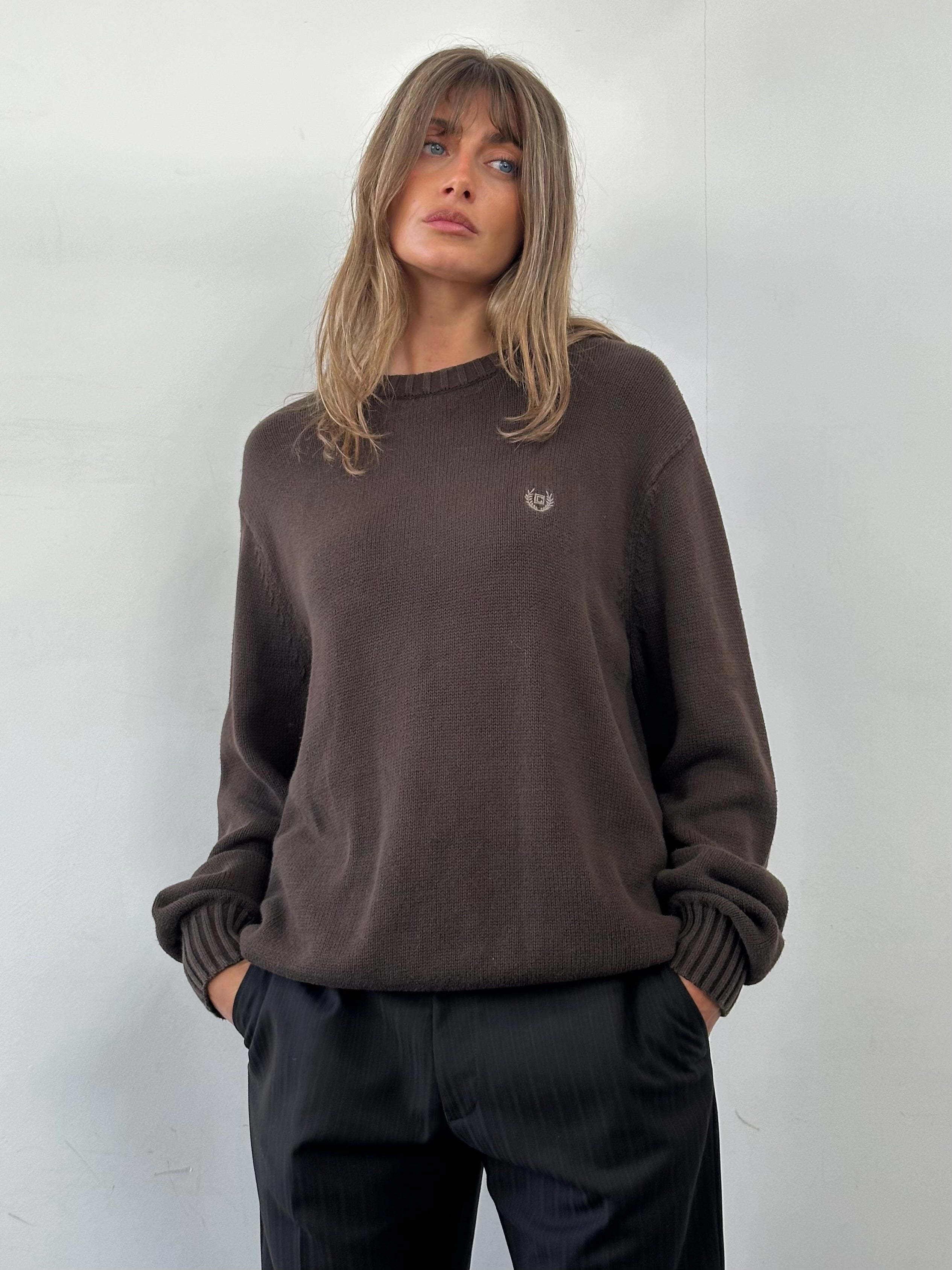 Ralph Lauren Chaps cotton crew neck jumper in XXL, close-up of the navy blue knit sweater showing fabric texture and collar detail.