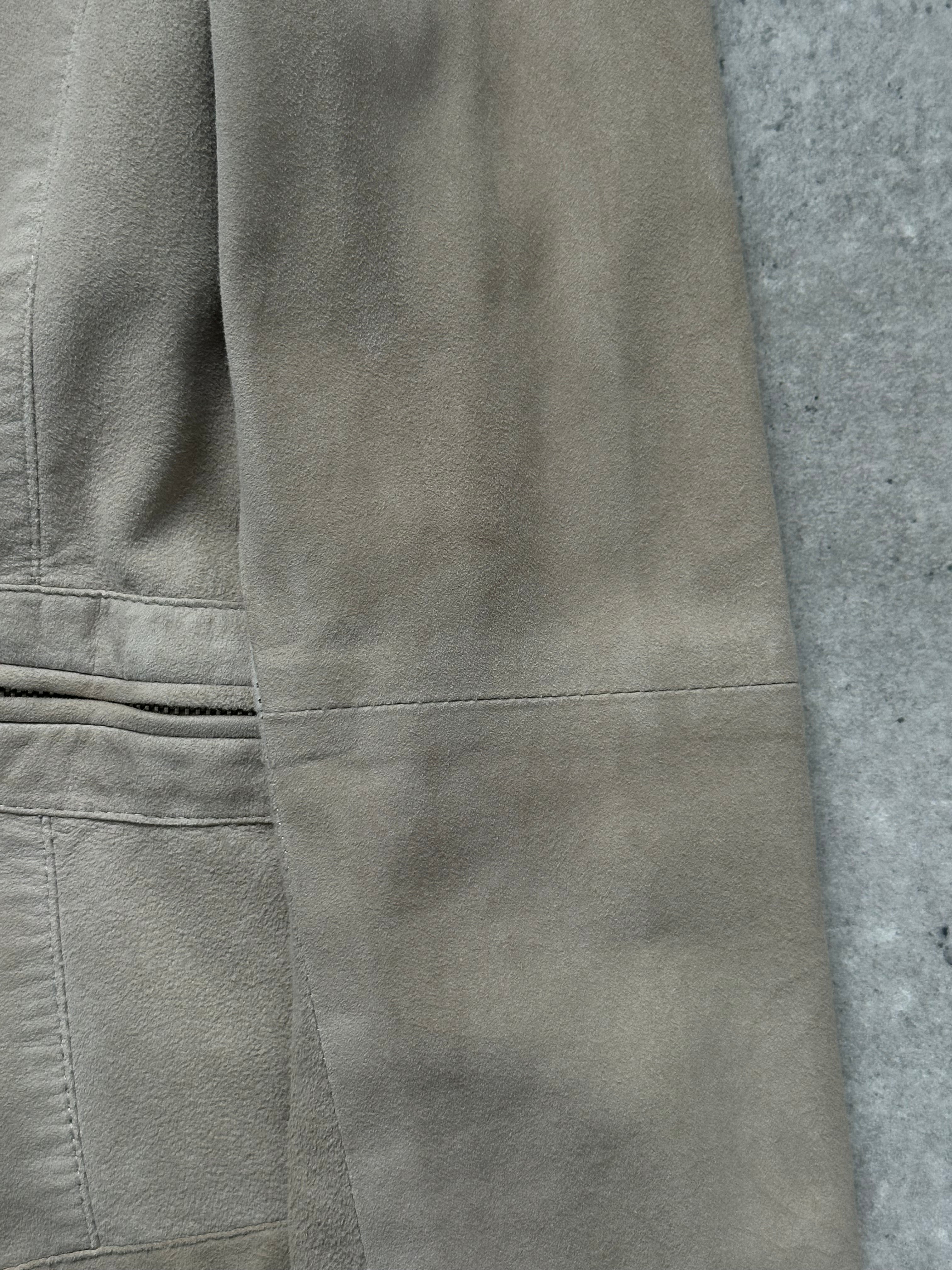 Armani Collezioni 2000s double zip suede leather jacket in XS/S, stylish and fitted with dual zippers and soft suede texture.