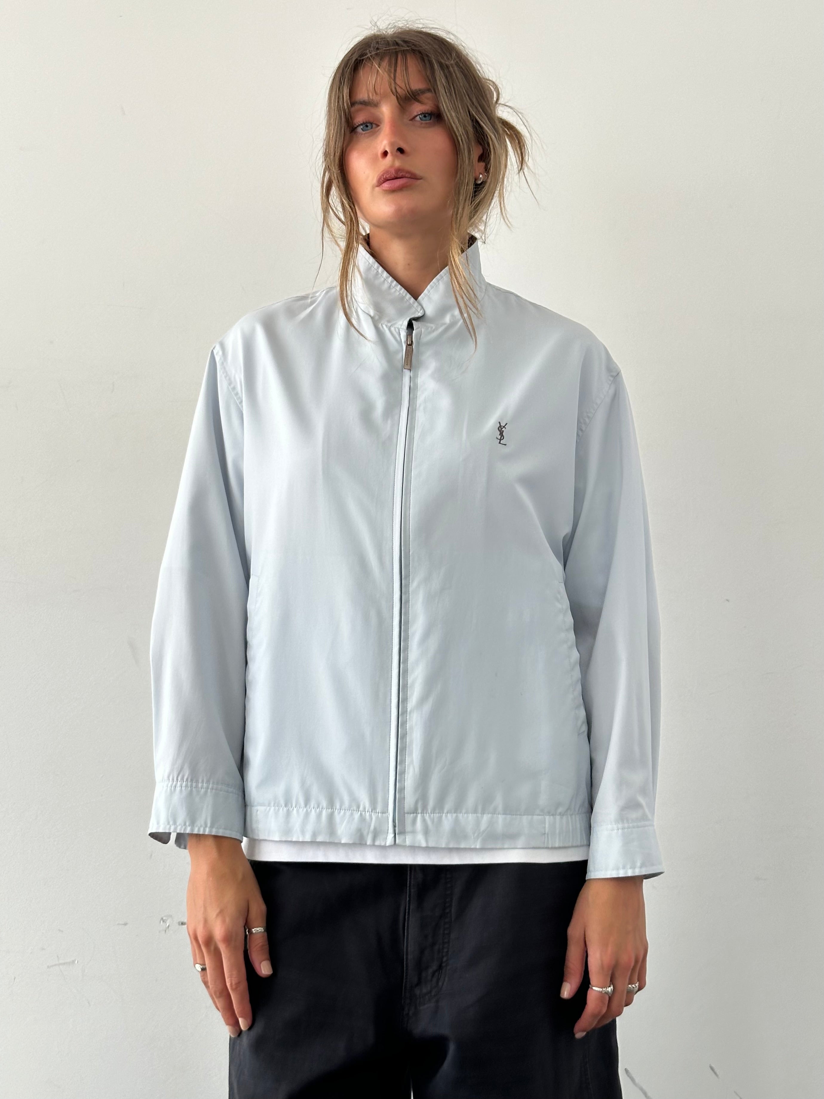 Yves Saint Laurent logo bomber jacket in size M, featuring a stylish design with the iconic YSL branding and sleek modern look.