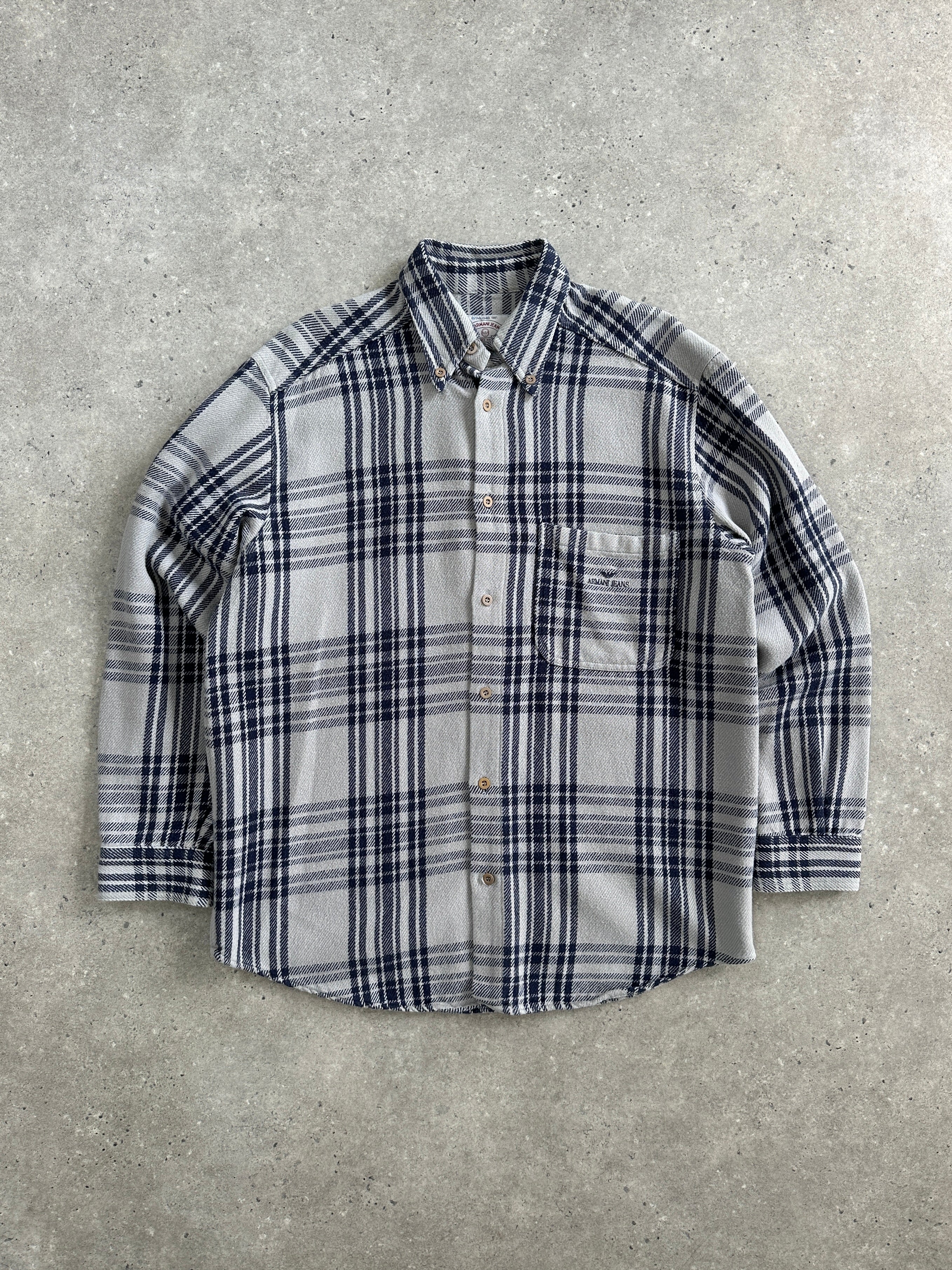 Armani Jeans check flannel cotton shirt in size L/XL with logo, featuring a classic plaid pattern and button-up front.