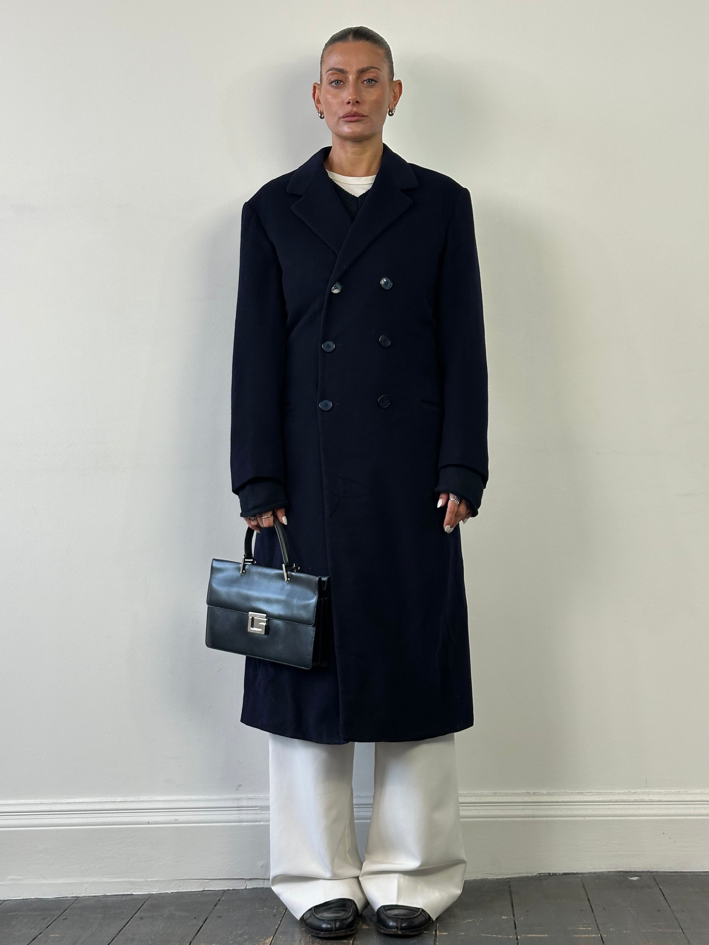 Vintage wool double-breasted floor-length coat in size S/M, stylish and warm, featuring classic tailored details.