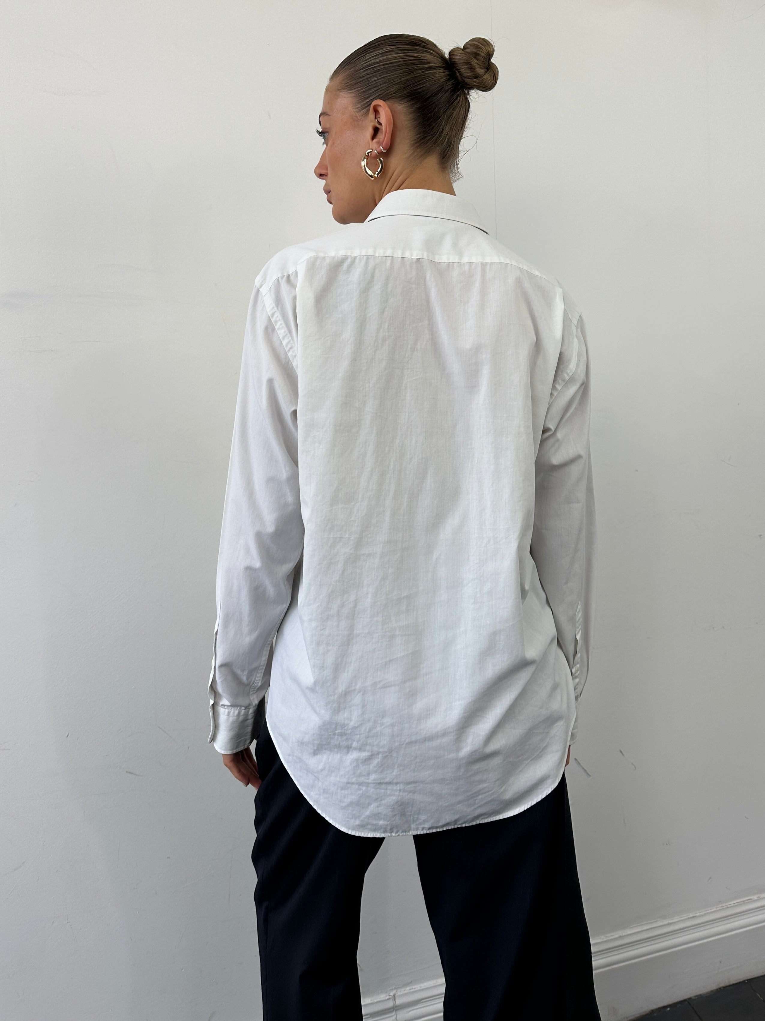 Yves Saint Laurent Pour Homme cotton logo shirt in size L, white with YSL branding on the chest, casual men's fashion shirt.