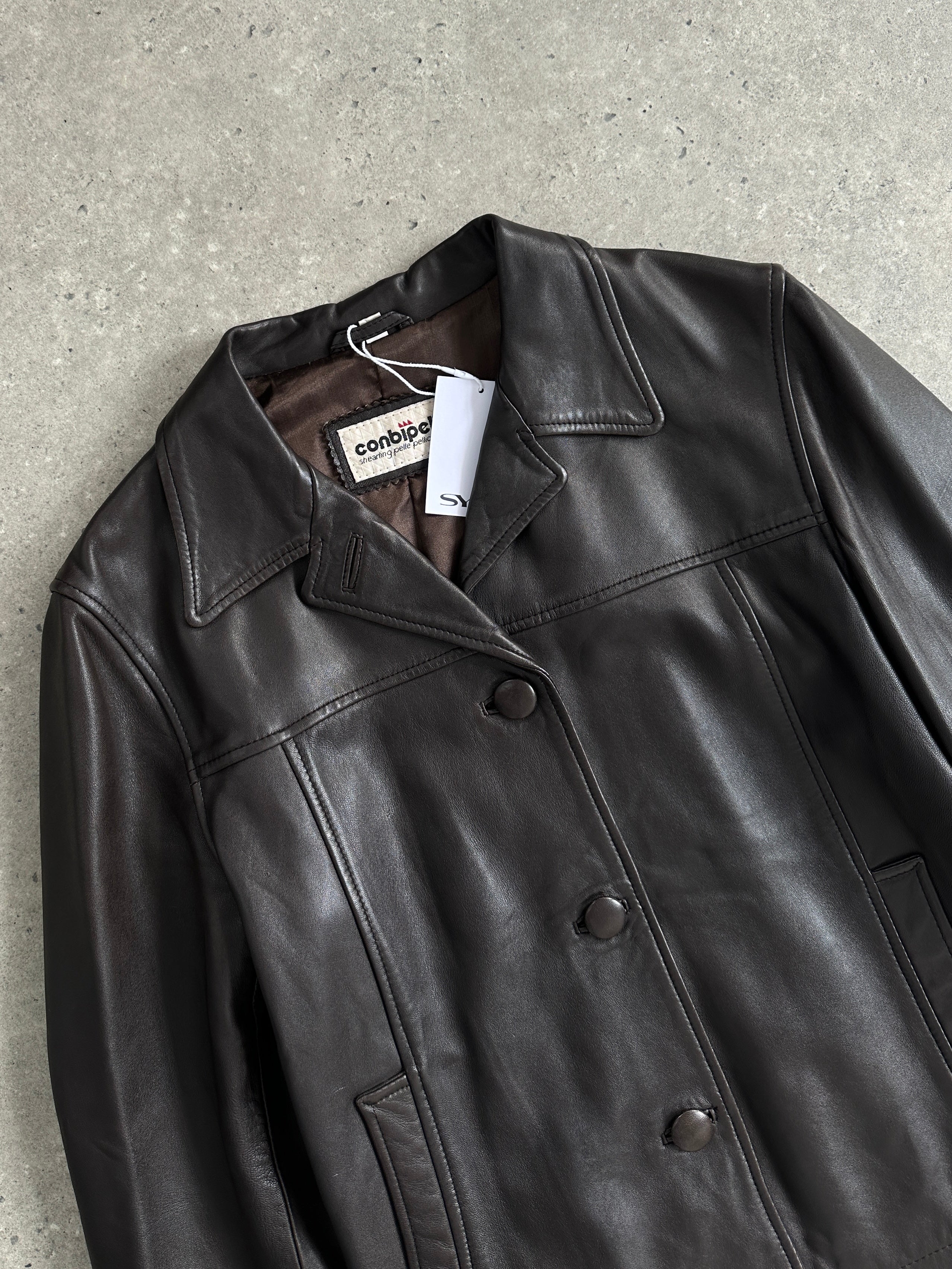 Conbipel men's button-up leather jacket in size S, featuring a stylish collar and sleek black leather finish.