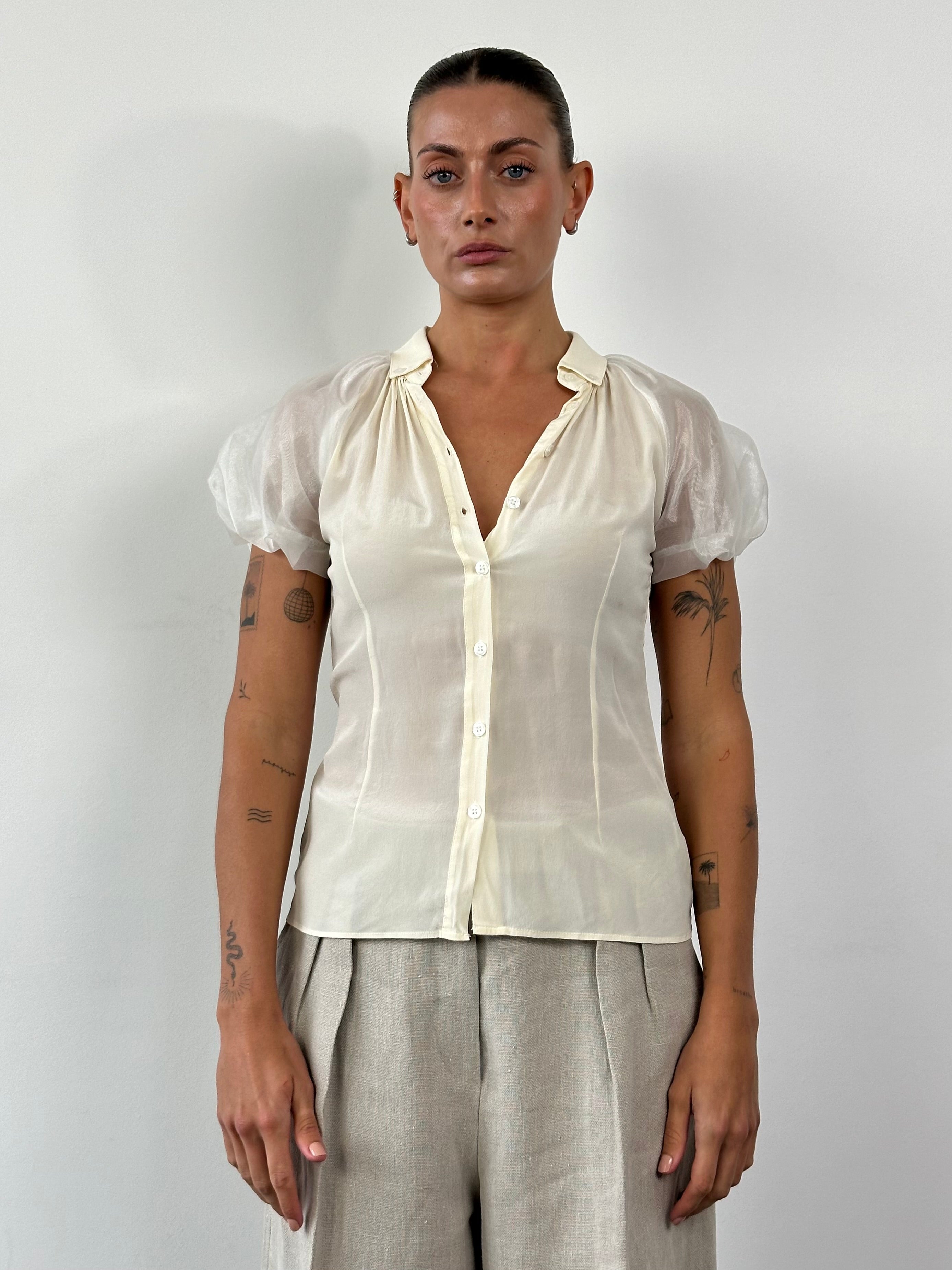 Dolce & Gabbana D&G pure silk puff sleeve shirt in XS/S, featuring elegant puffed sleeves and a smooth silk fabric.