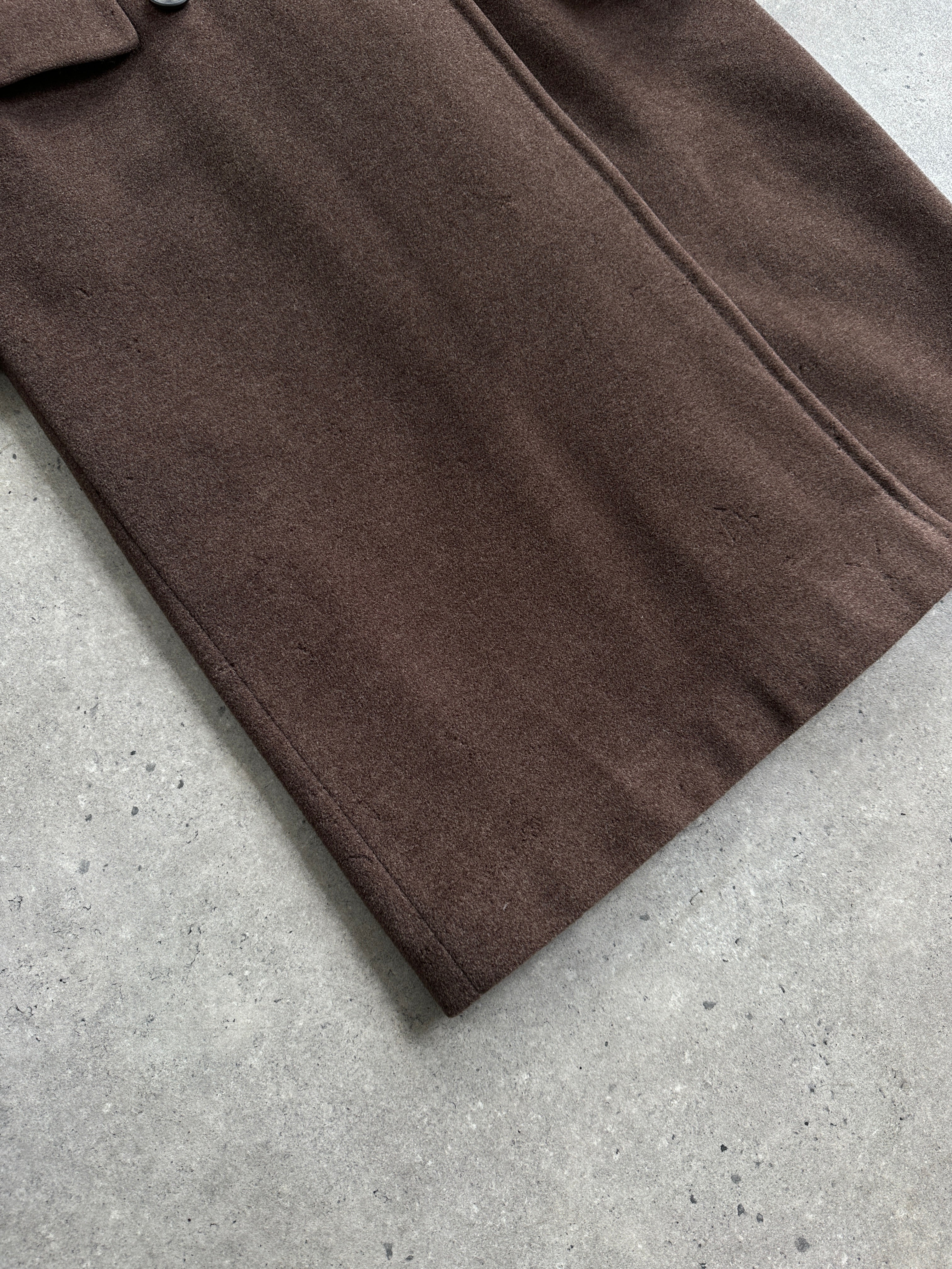 Sportmax 1990s wool double-breasted coat in size M/L, featuring classic lapels and tailored fit, displayed on a hanger.