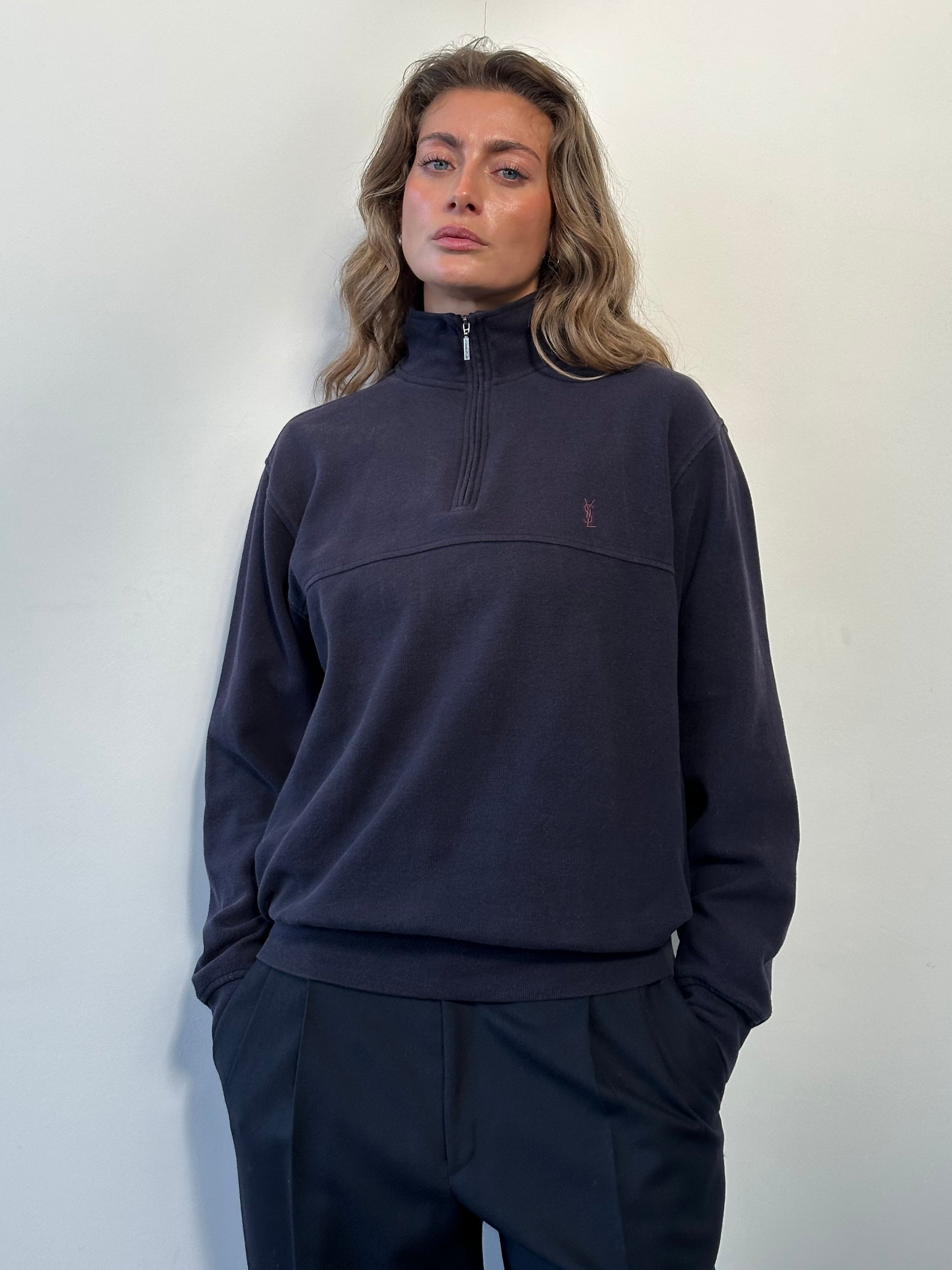 Yves Saint Laurent Cotton Logo Quarter Zip Sweatshirt - M/L - SYLK