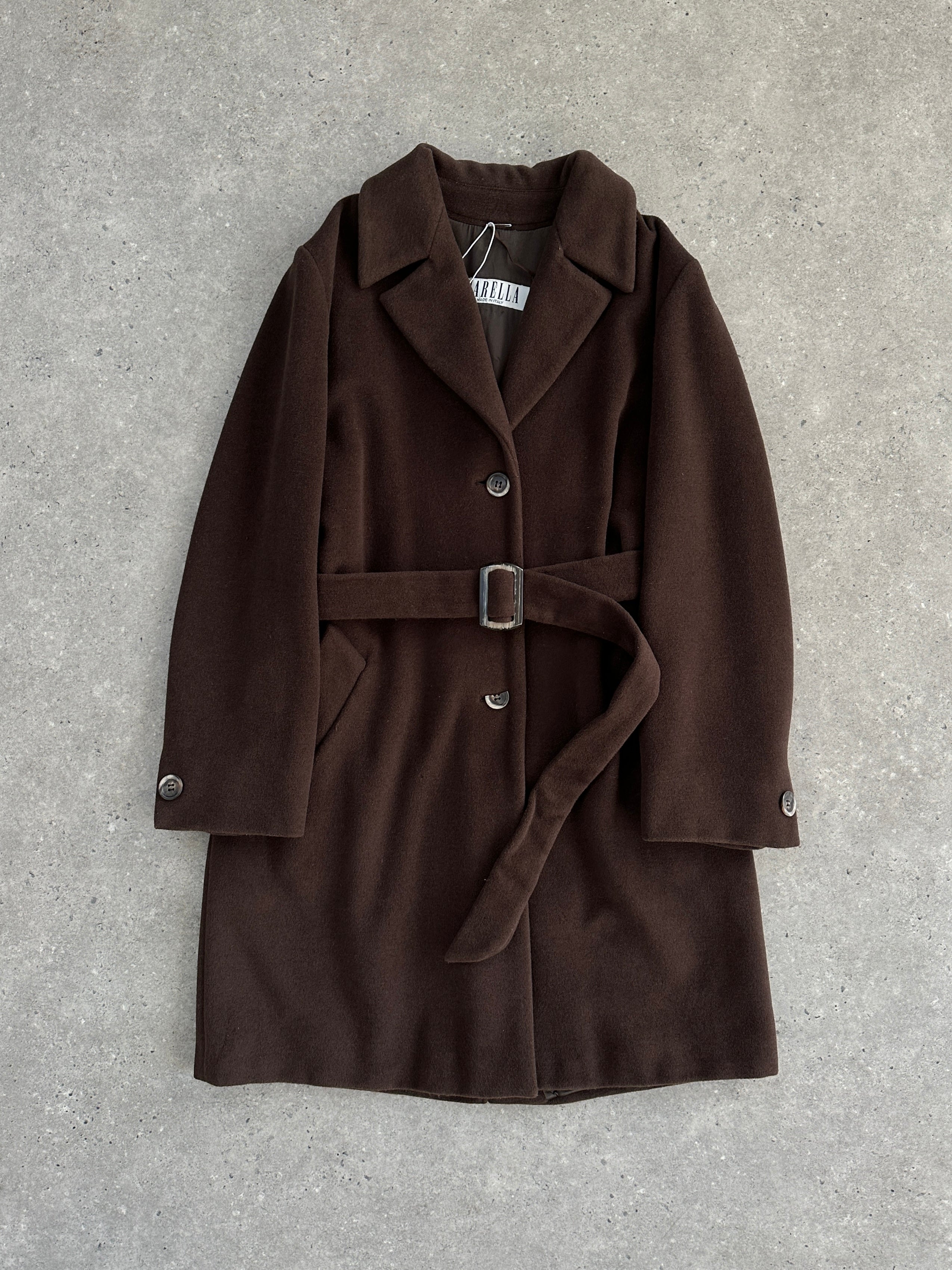 Marella Virgin Wool Single Breasted Belted Coat in neutral color, front view showing collar, buttons, and belt details.