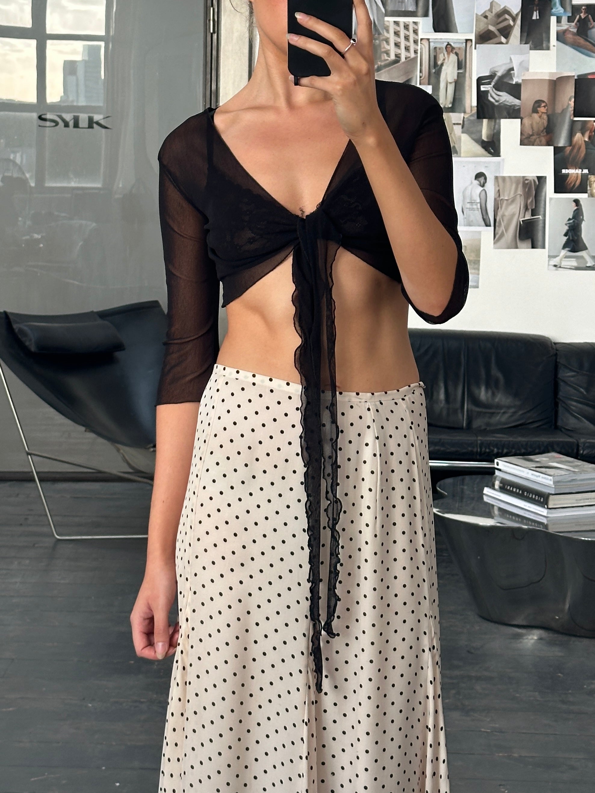Italian vintage 2000s sheer tie cardigan by Vintage, featuring lightweight fabric and a classic tie closure.