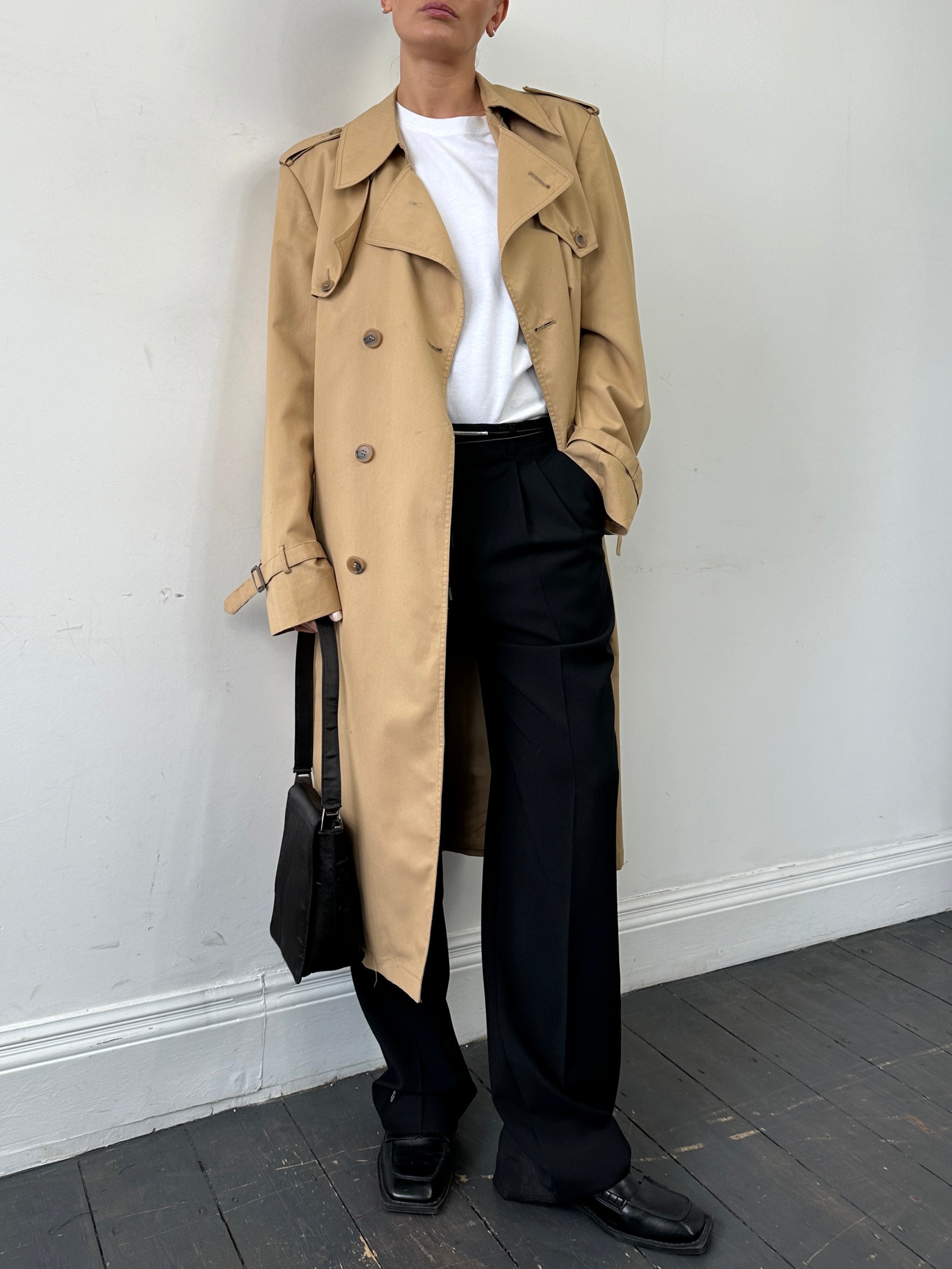 Christian Dior Monsieur double-breasted belted trench coat in XL, showing its classic design and stylish silhouette.
