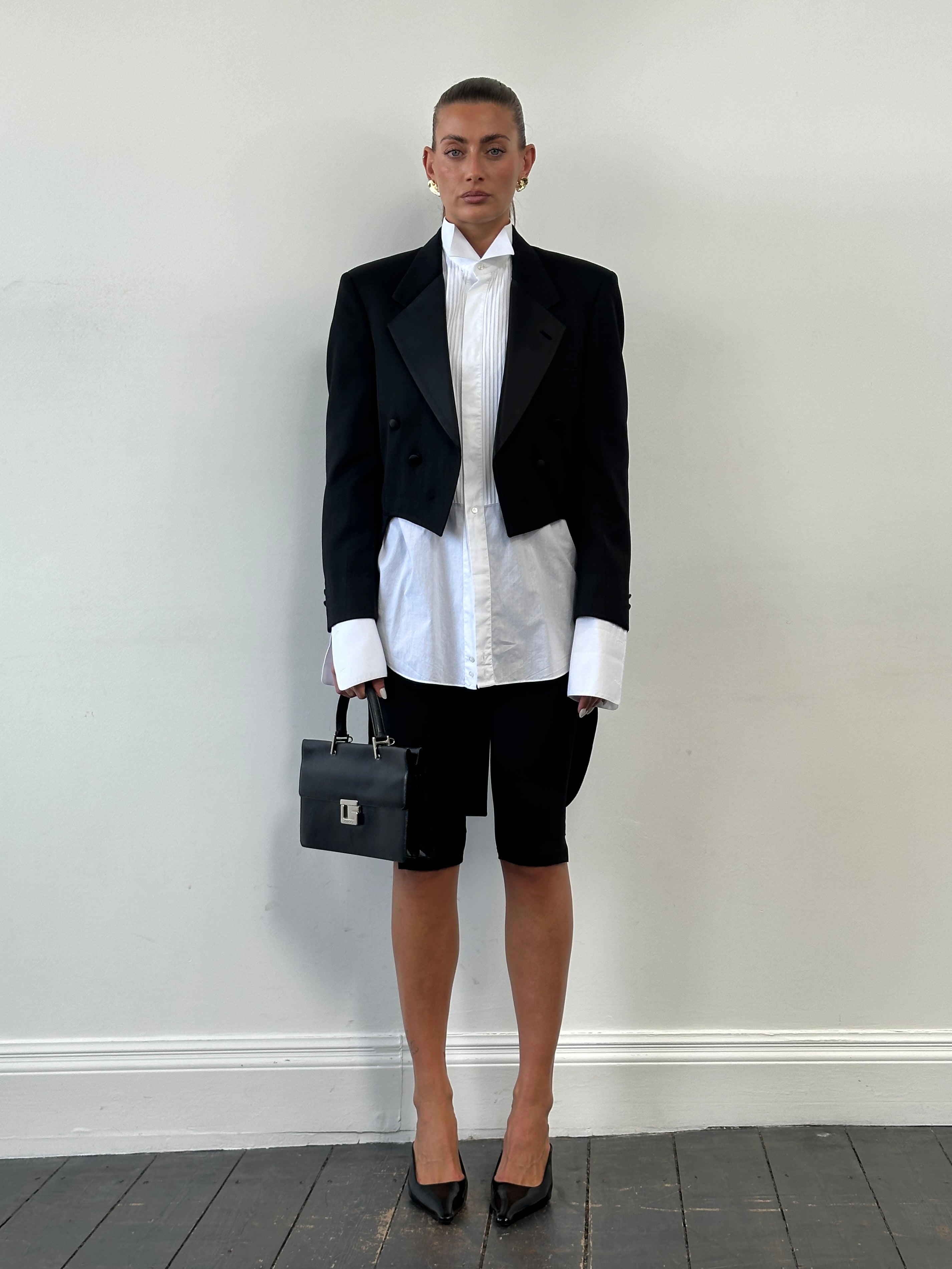 Christian Dior Monsieur 80s double-breasted tuxedo tailcoat blazer, tailored fit, black fabric, classic formal style.