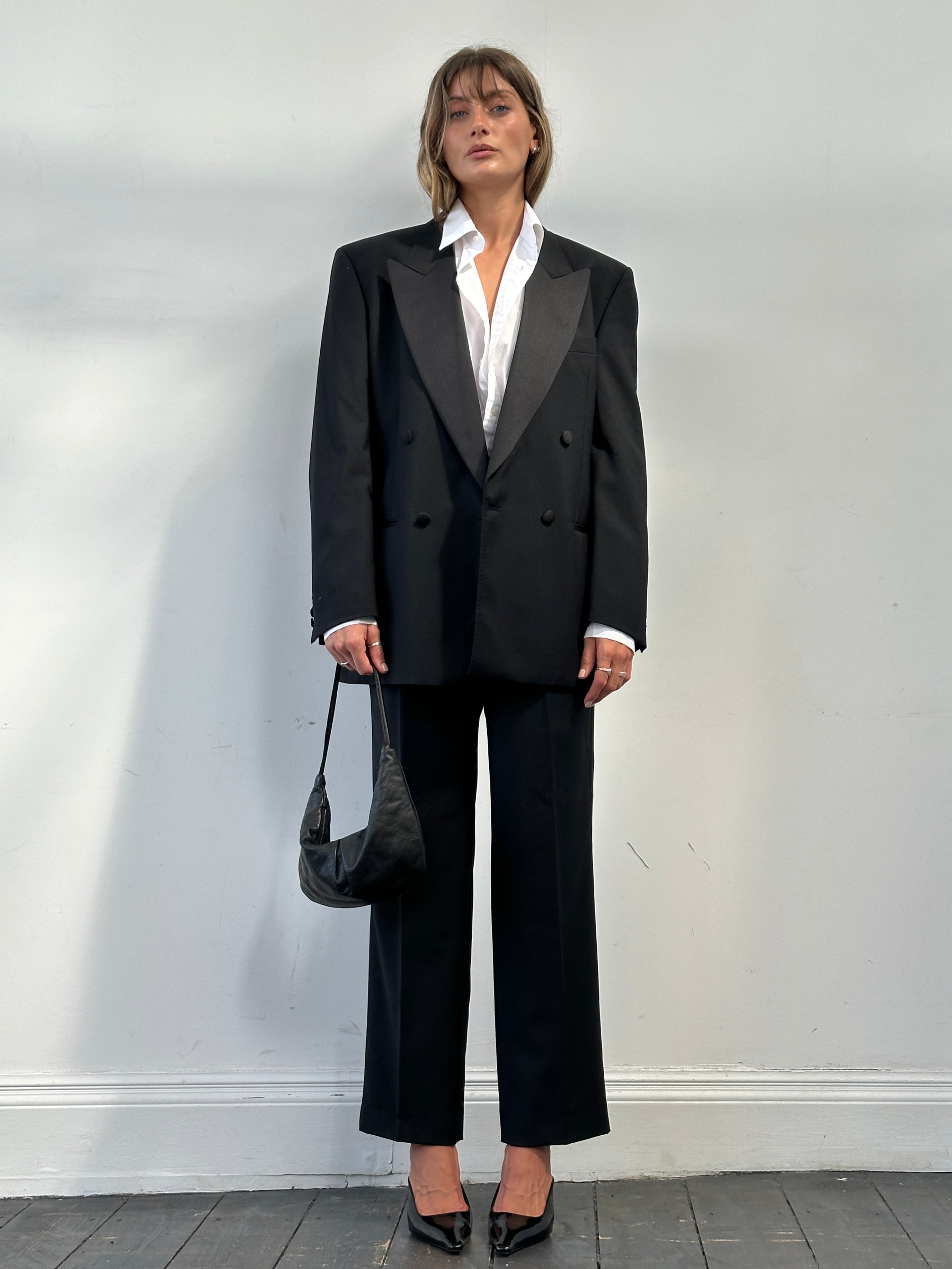 Jaeger men's tuxedo suit in pure wool, double-breasted style, size 42R/W28, tailored fit with classic lapels and formal design.
