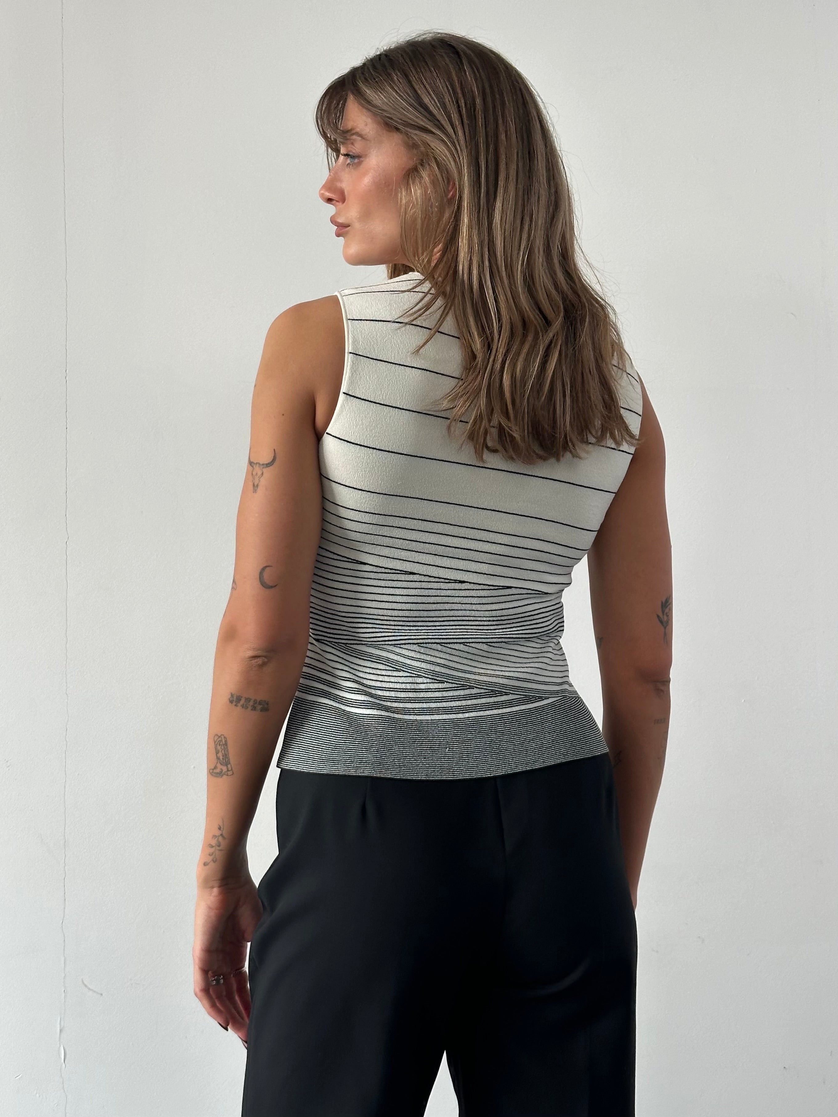 Valentino silk asymmetric stripe vest top in XS with black and white pattern, designed for an elegant, modern look.