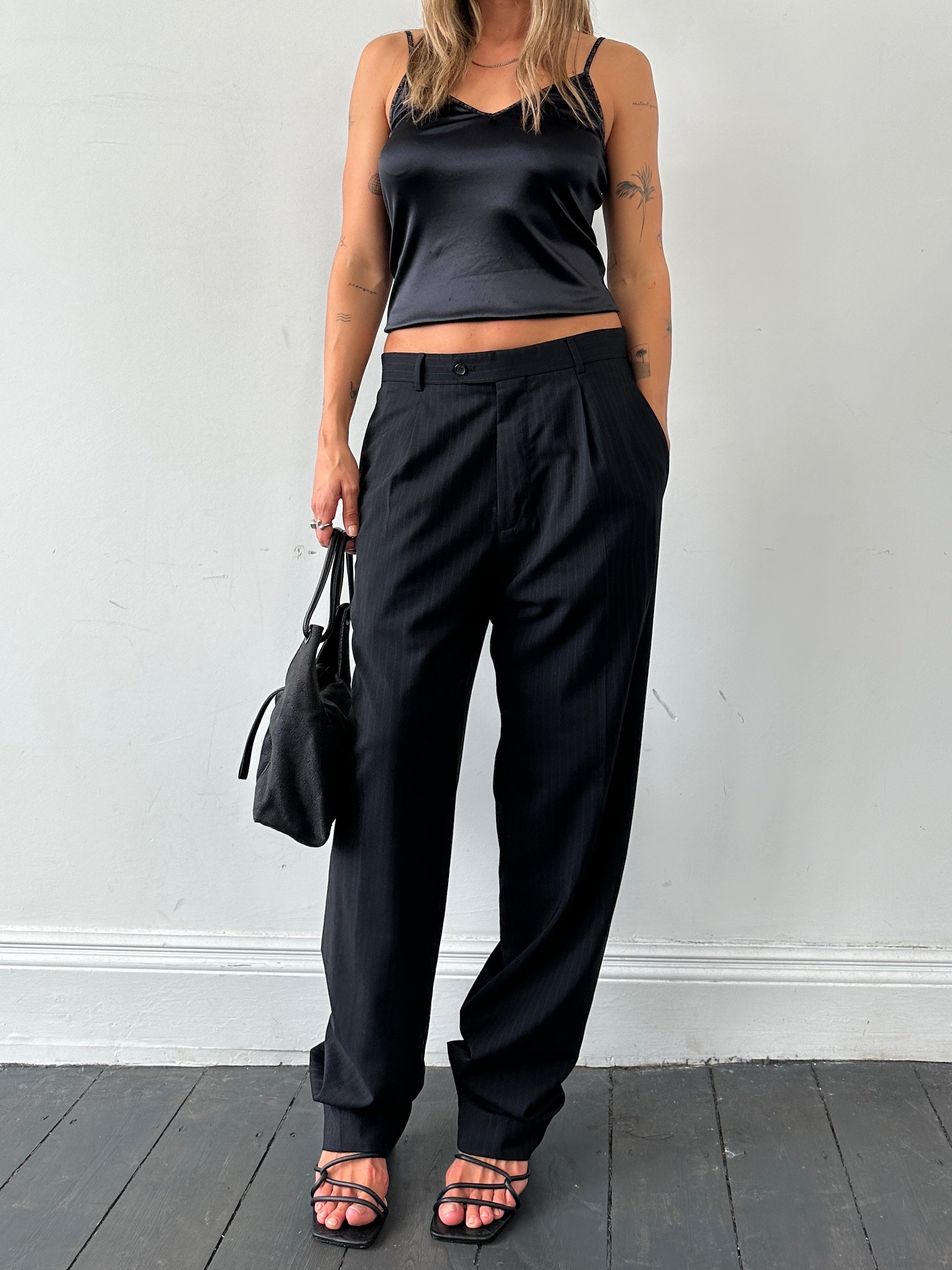 Vintage pinstripe virgin wool tailored tall trousers with pleats and a high waist, W32, designed for a classic, sophisticated look.