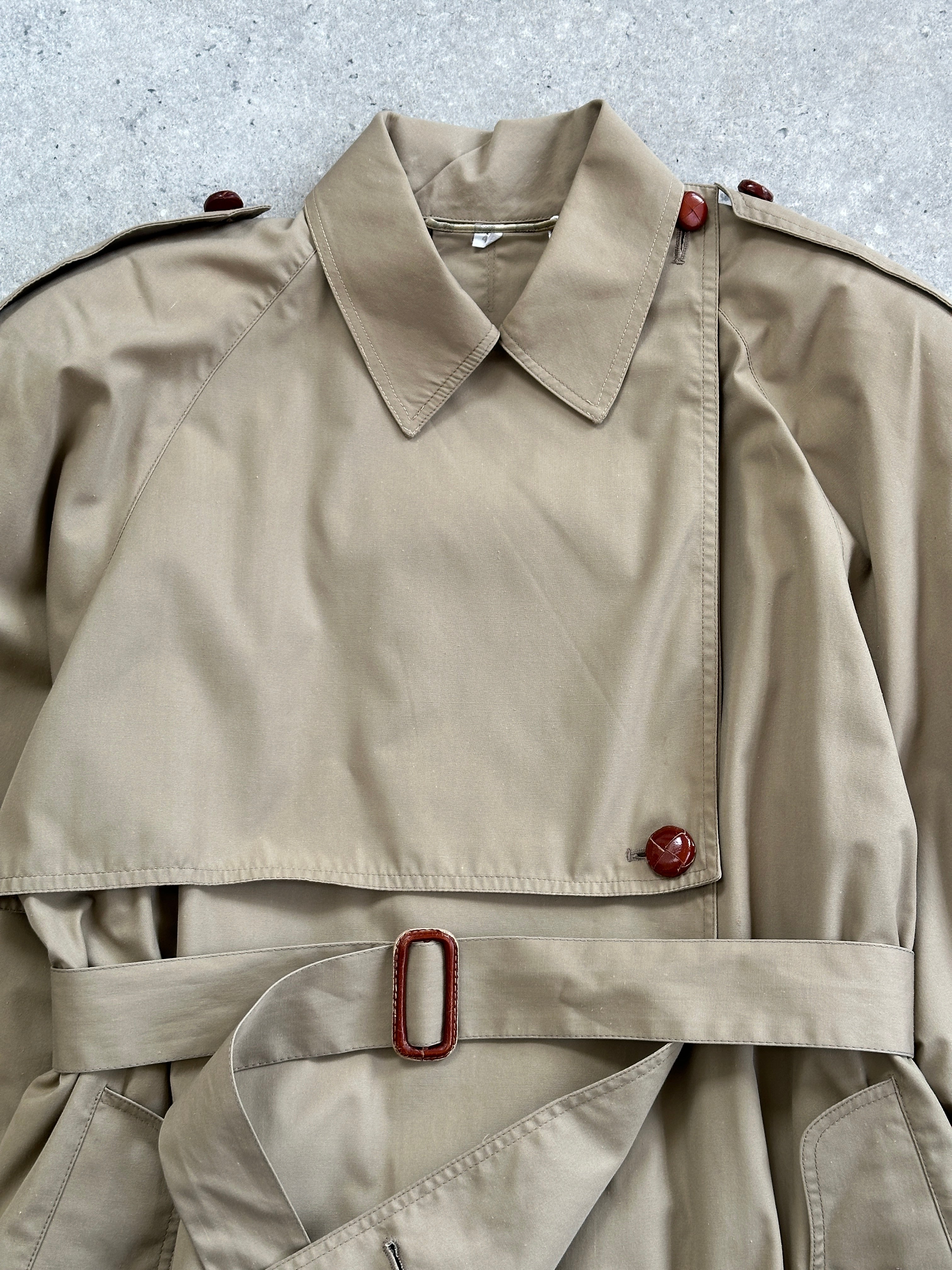 Vintage 1980s Nova Check belted trench coat, medium size, featuring classic check pattern and tailored design.