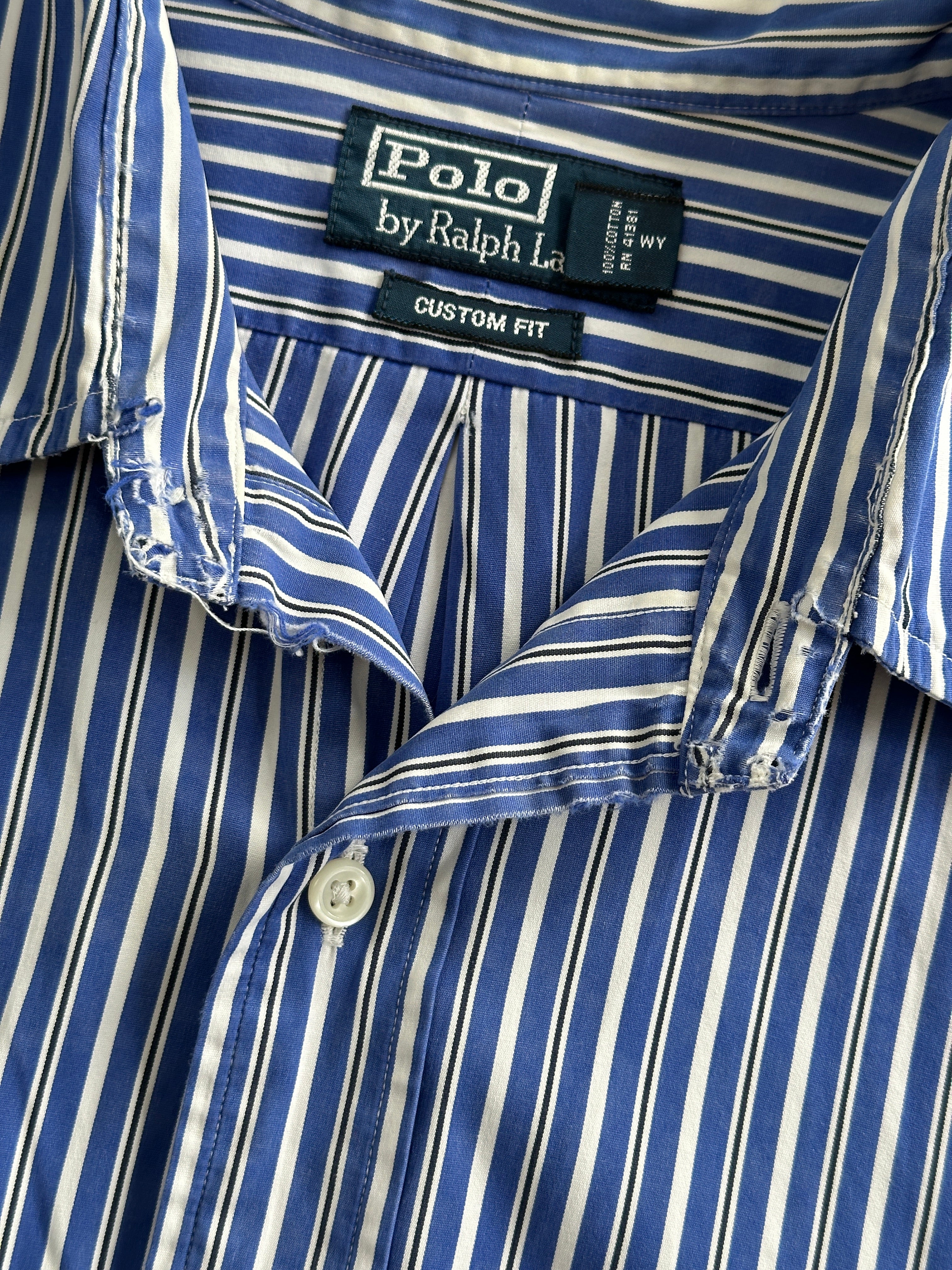 Ralph Lauren stripe pure cotton logo shirt in size L/XL, featuring classic design with collar and button-down front.