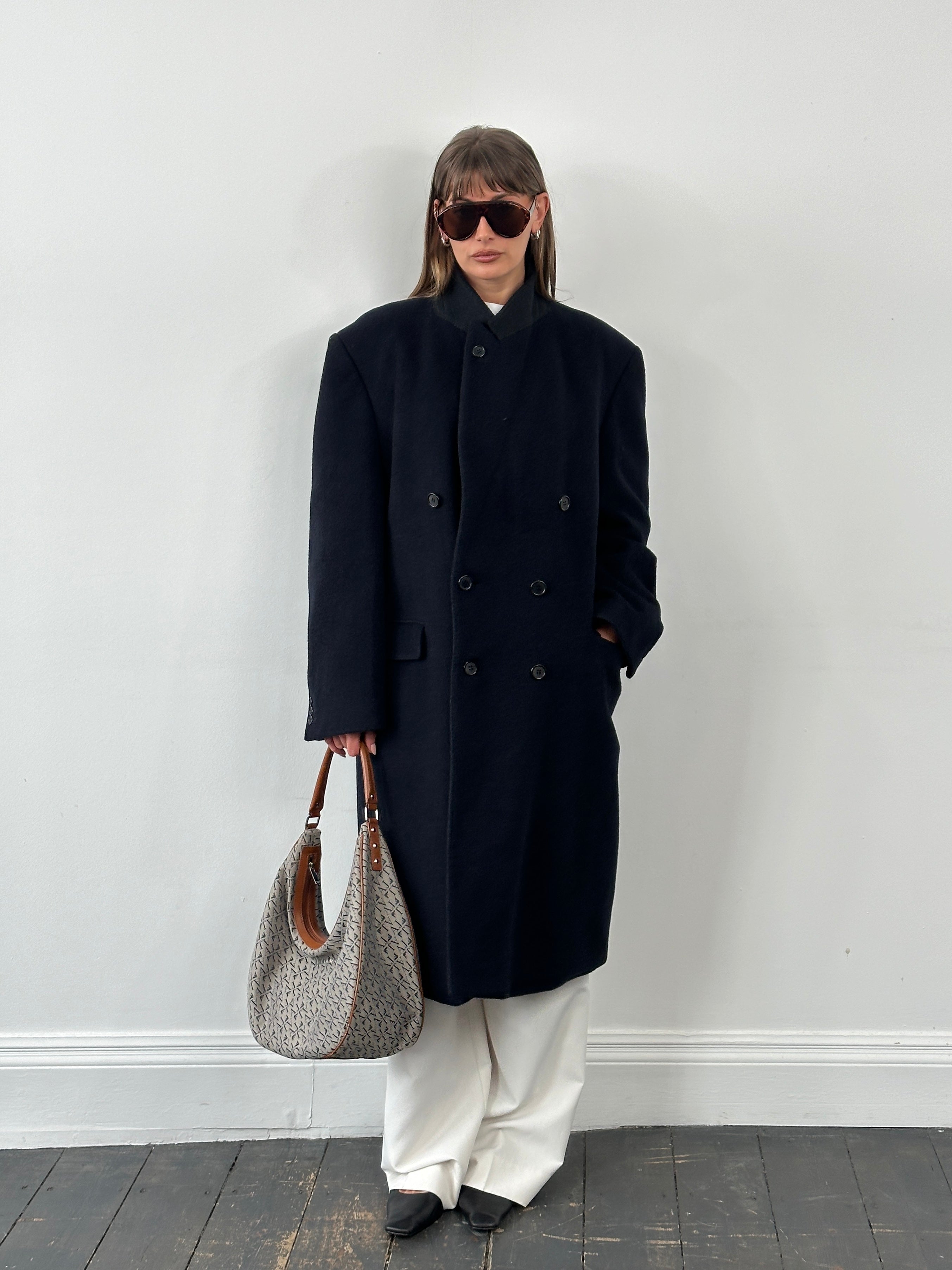 Vintage 1990s wool and cashmere double-breasted coat in XL, featuring classic design and textured fabric.
