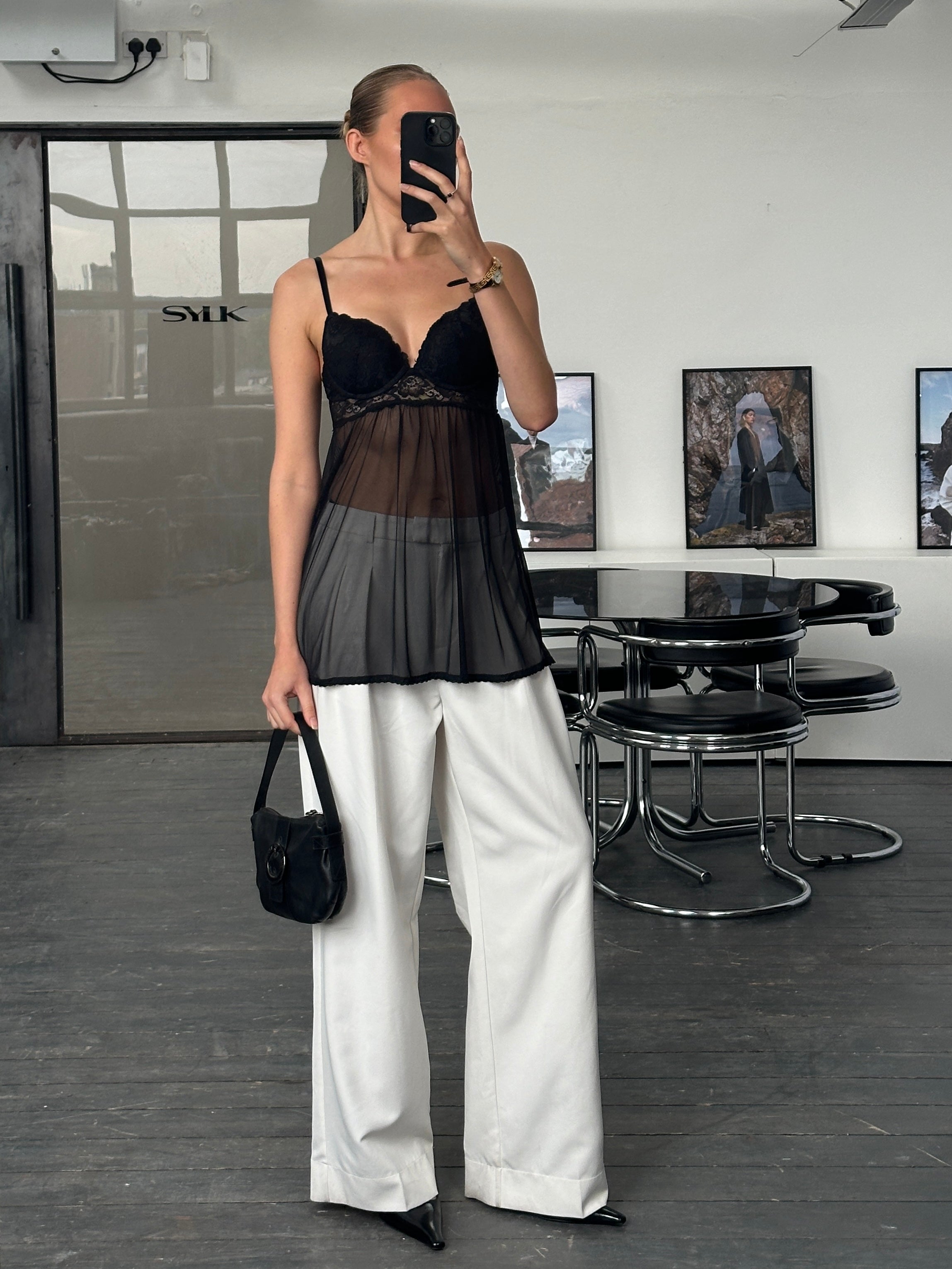 Vintage 2000s sheer lace push-up cami top in black, featuring delicate lace details and thin adjustable straps.