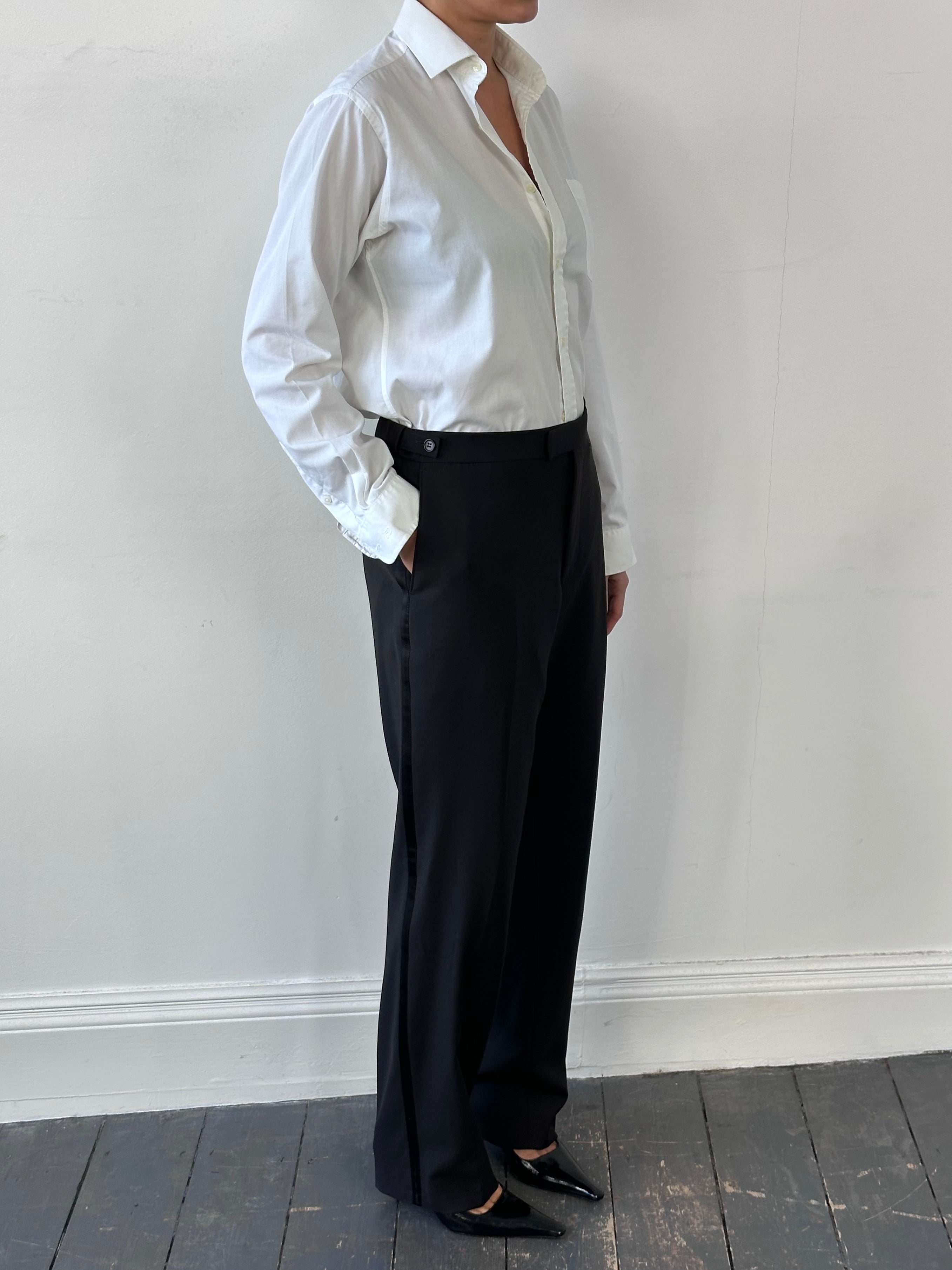 Balmain pure wool tuxedo tailored trousers in size W30-32, featuring a sleek fit and classic formal design.