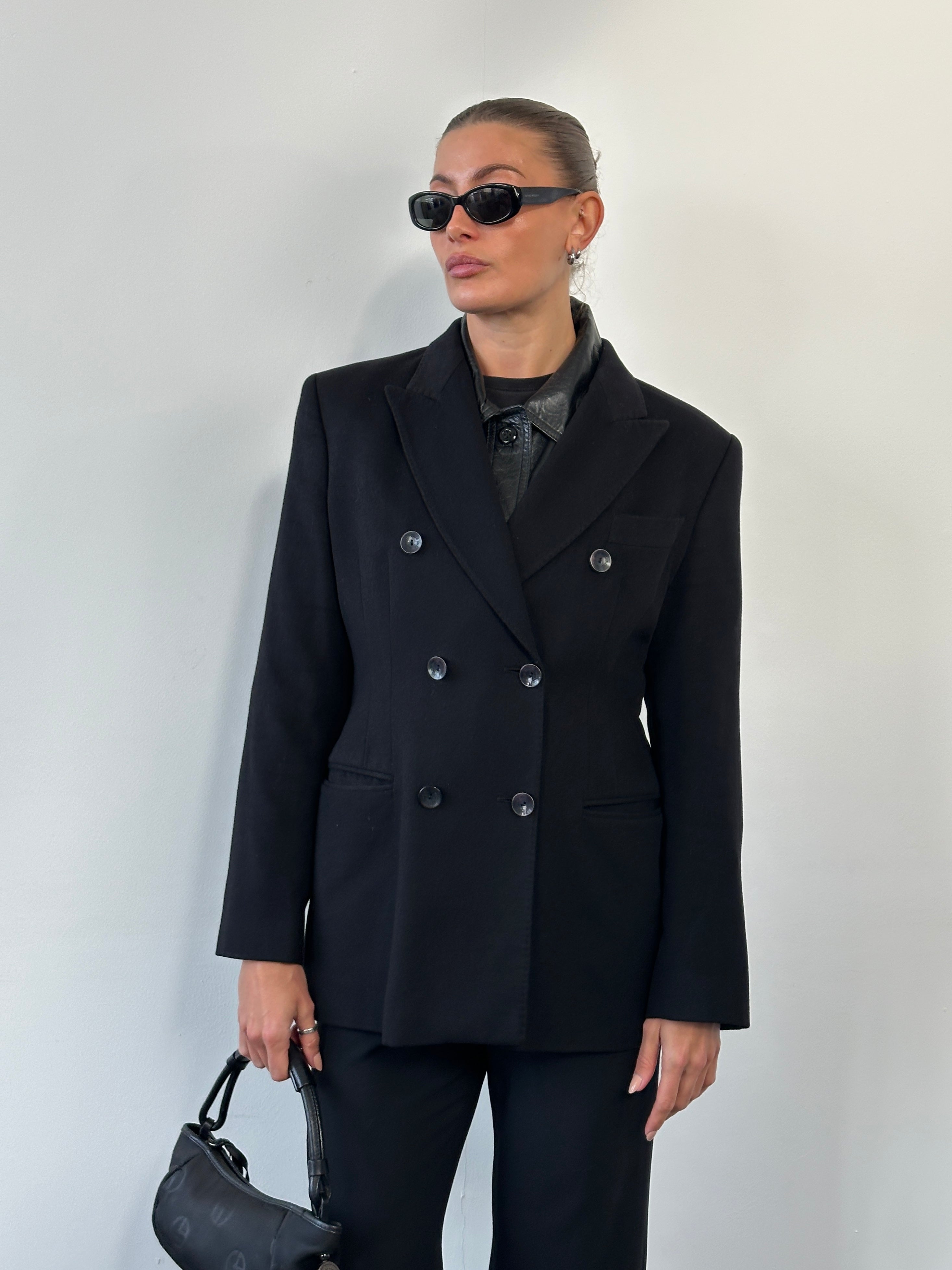 Gianfranco Ferre 1990s wool cashmere double-breasted blazer in size M, tailored fit, styled with classic lapels and button closure.