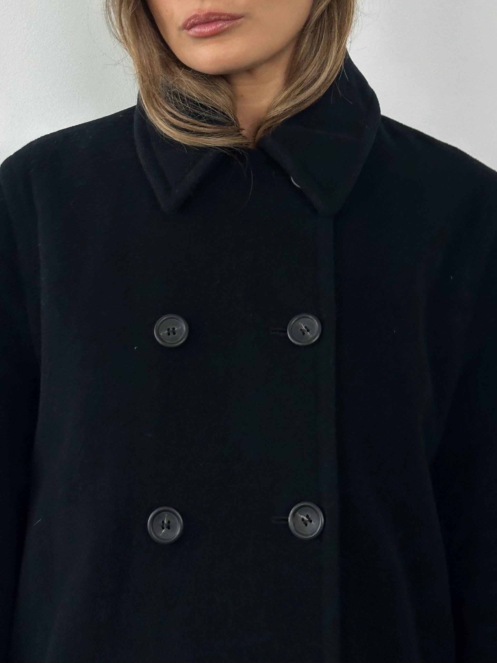 MAX & Co pure virgin wool double-breasted coat in size L, featuring classic lapels and tailored fit, shown against a neutral background.