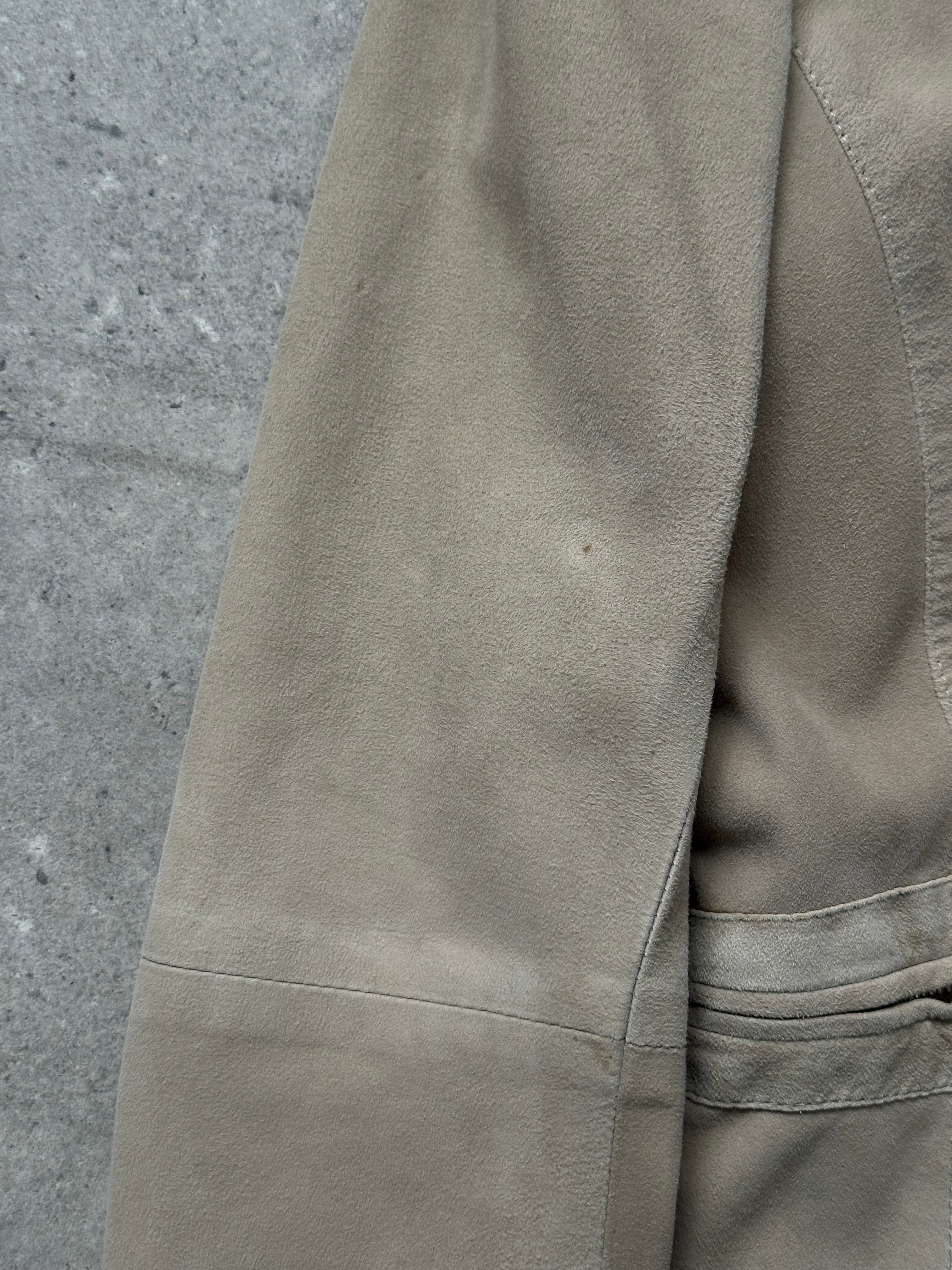 Armani Collezioni 2000s double zip suede leather jacket in XS/S, featuring a stylish design with double zippers and a soft suede finish.
