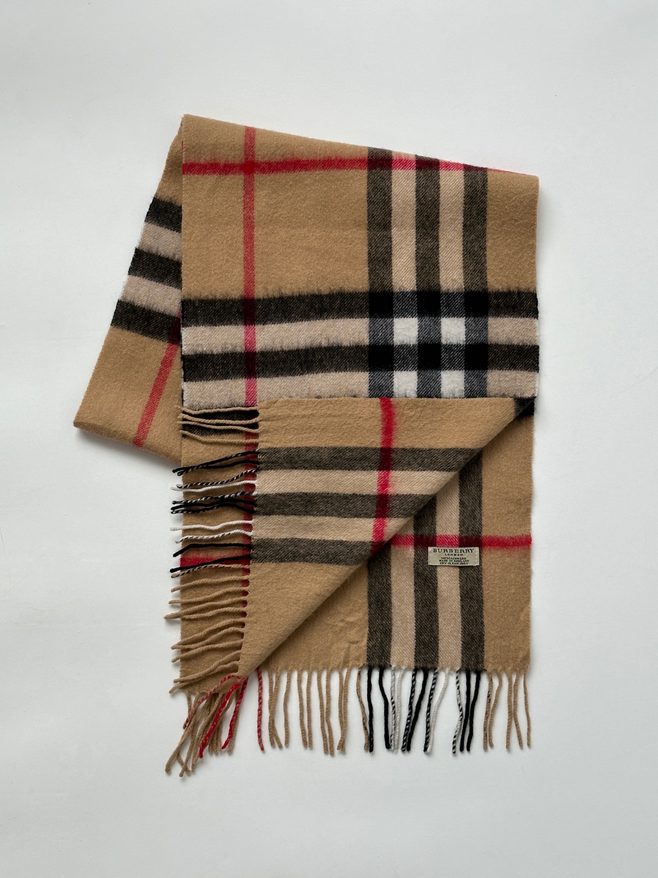 Burberry London pure cashmere Nova Check scarf featuring classic plaid pattern in beige, black, red, and white.