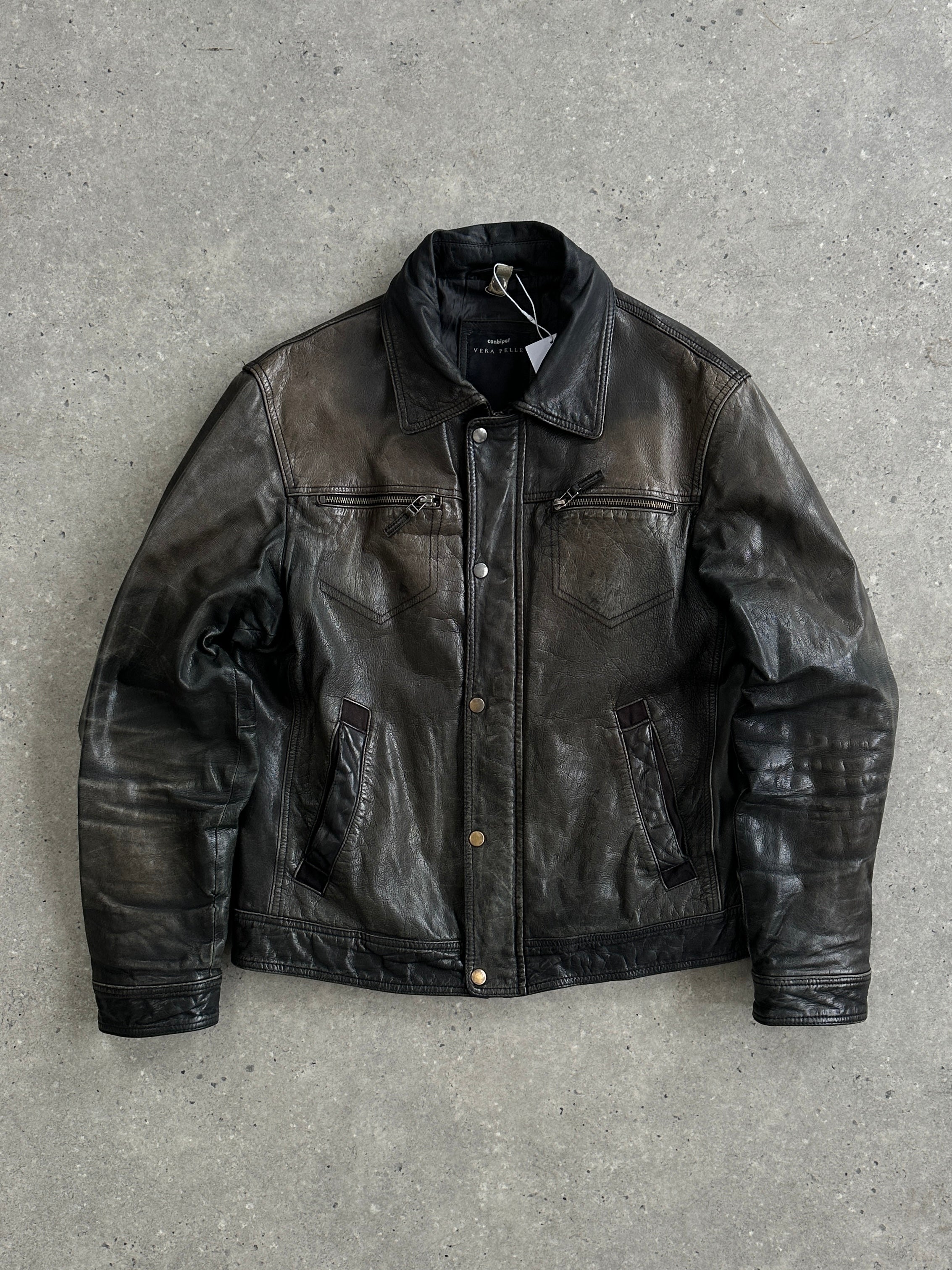Conbipel distressed leather jacket in size M, featuring a rugged design with visible wear and classic collar details.