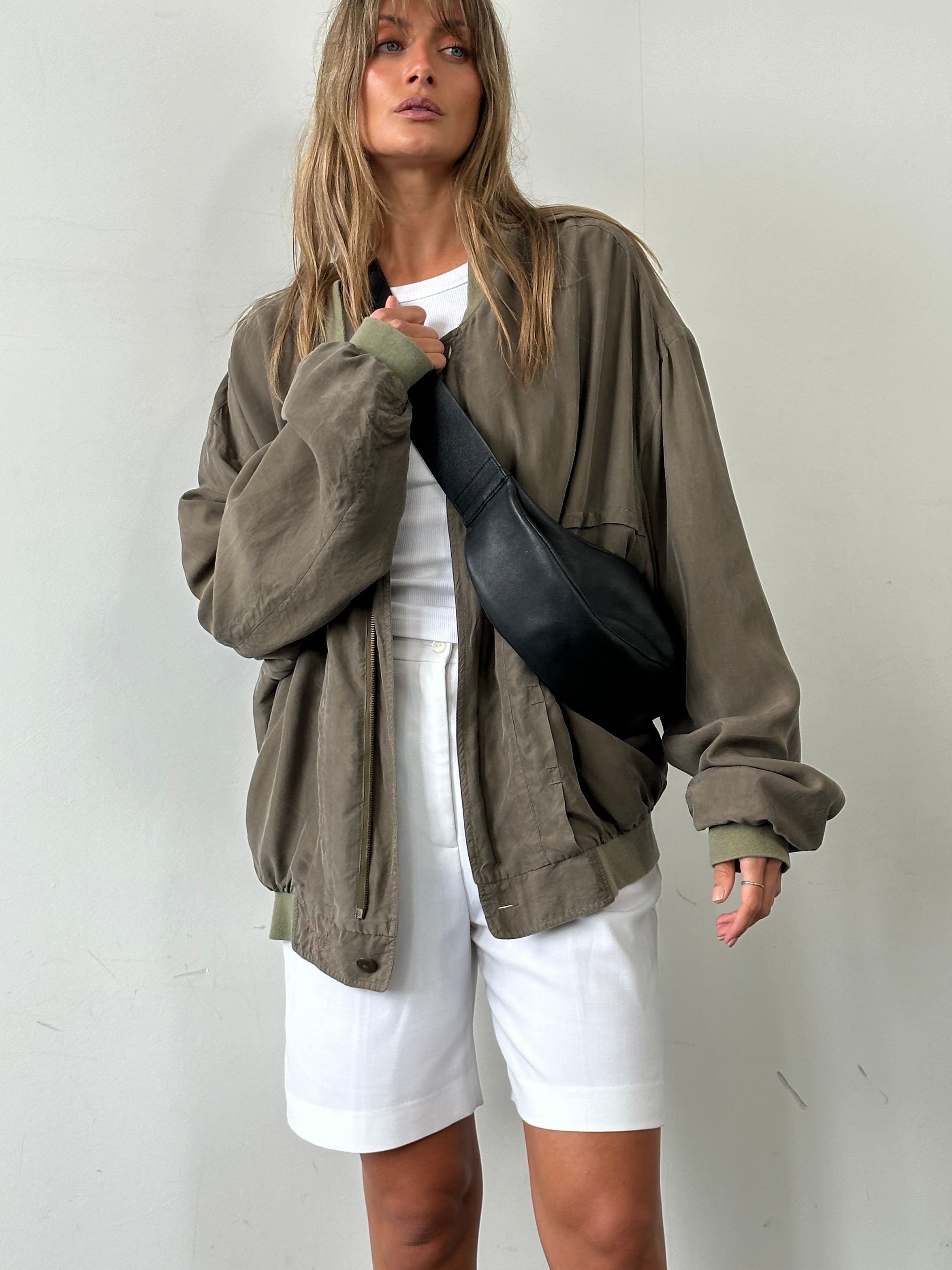 Pierre Cardin pure silk slouchy bomber jacket in XXL style, shown with relaxed fit and smooth silk fabric.