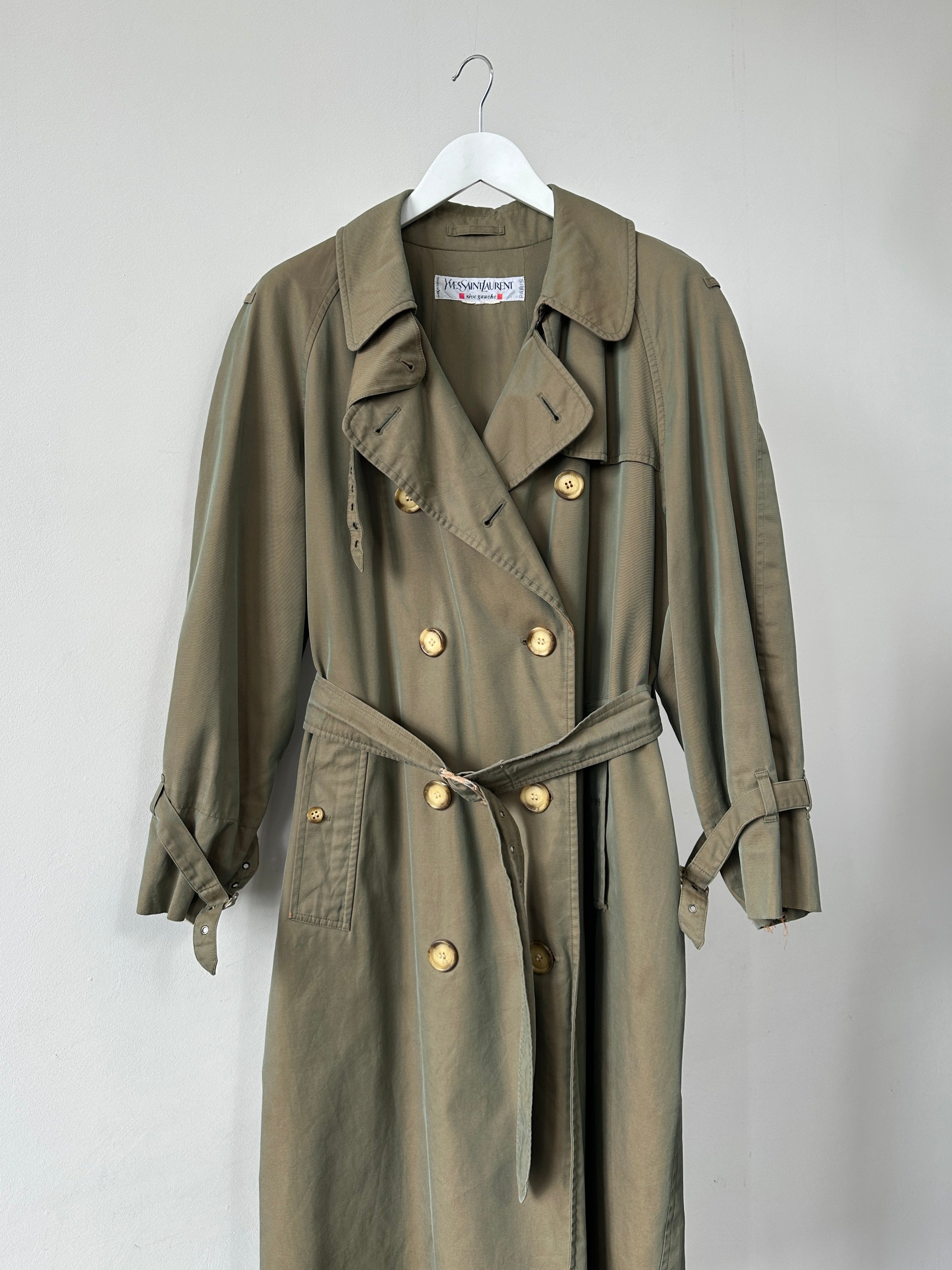 Yves Saint Laurent 1980s Rive Gauche double-breasted trench coat, beige fabric, classic collar, and belted waist, size large
