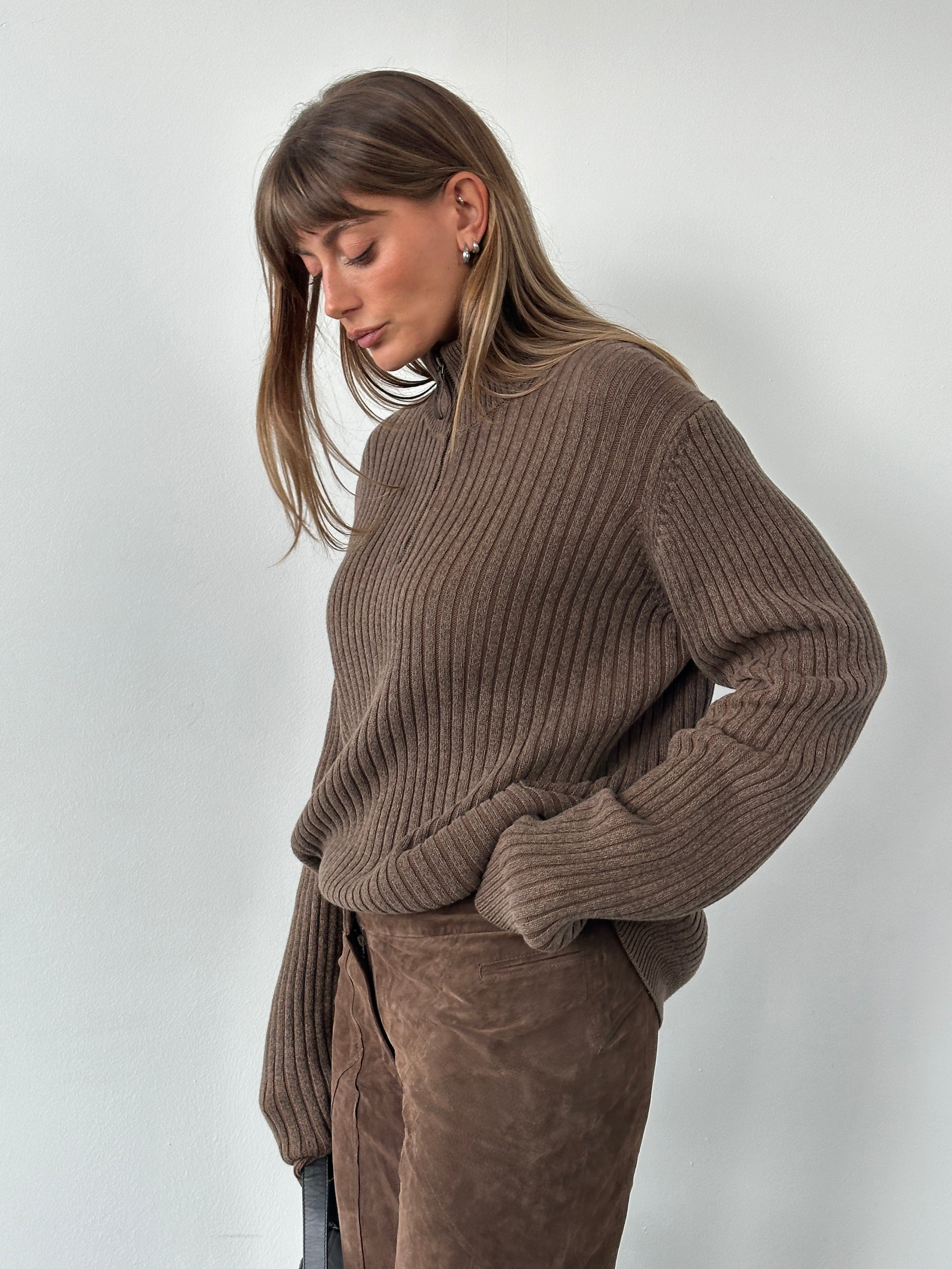 Calvin Klein Jeans 2000s pure cotton ribbed half-zip sweater in XL, featuring a high collar and textured knit fabric.