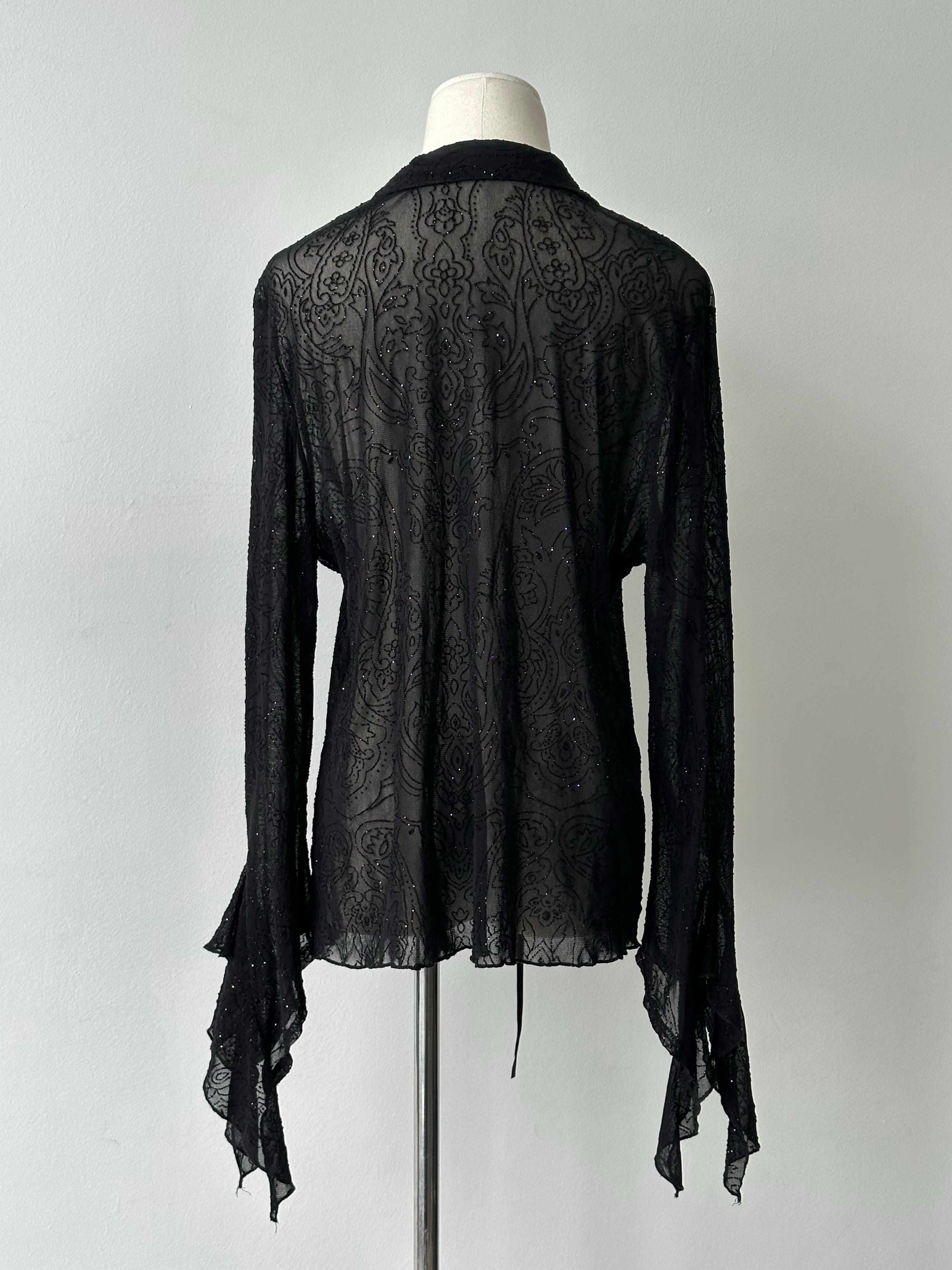 Vintage 1990s Sheer Lace Up Glittery Shirt - M-L
