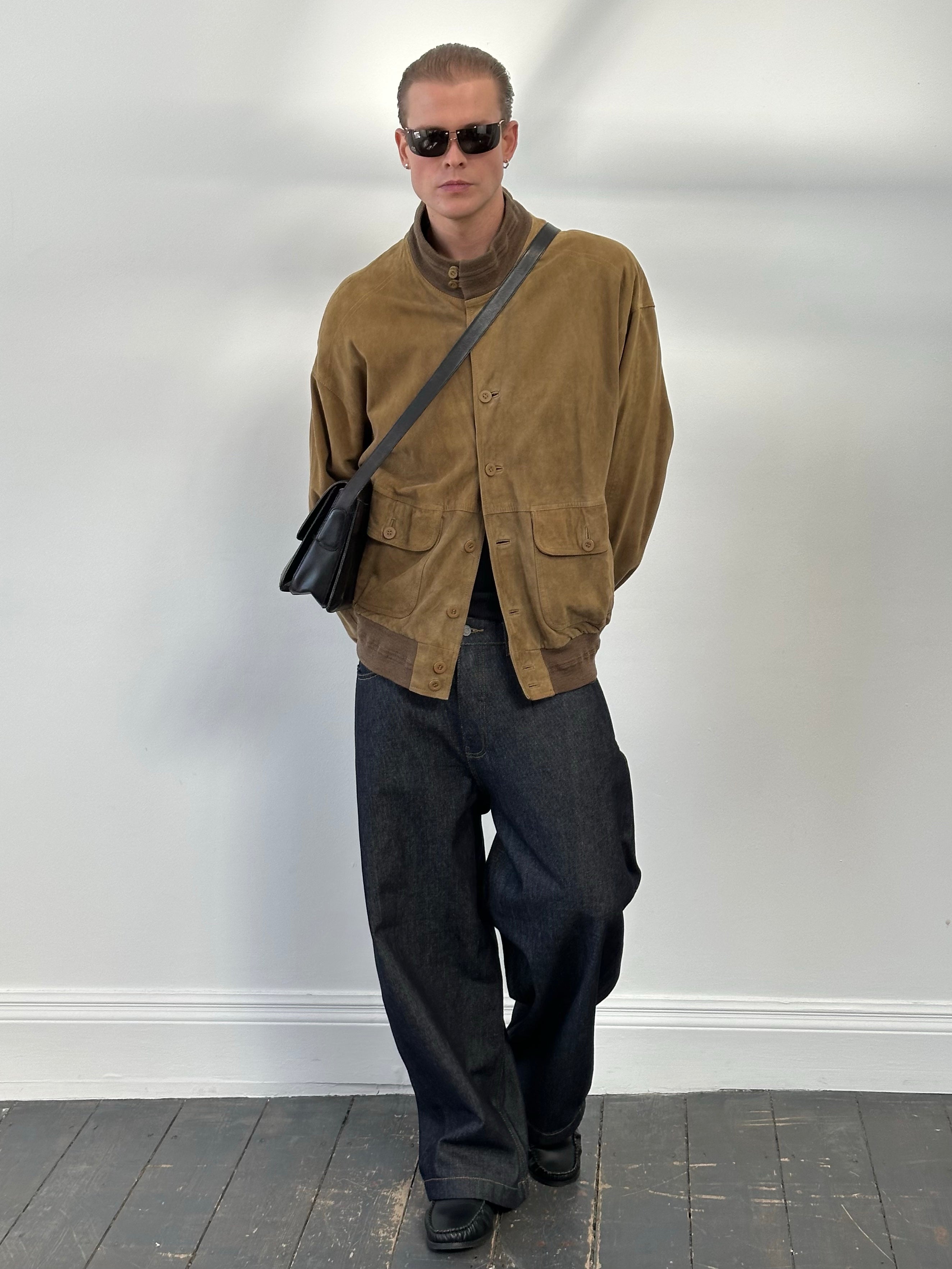 Vintage 1990s High Neck Suede Bomber Jacket - L