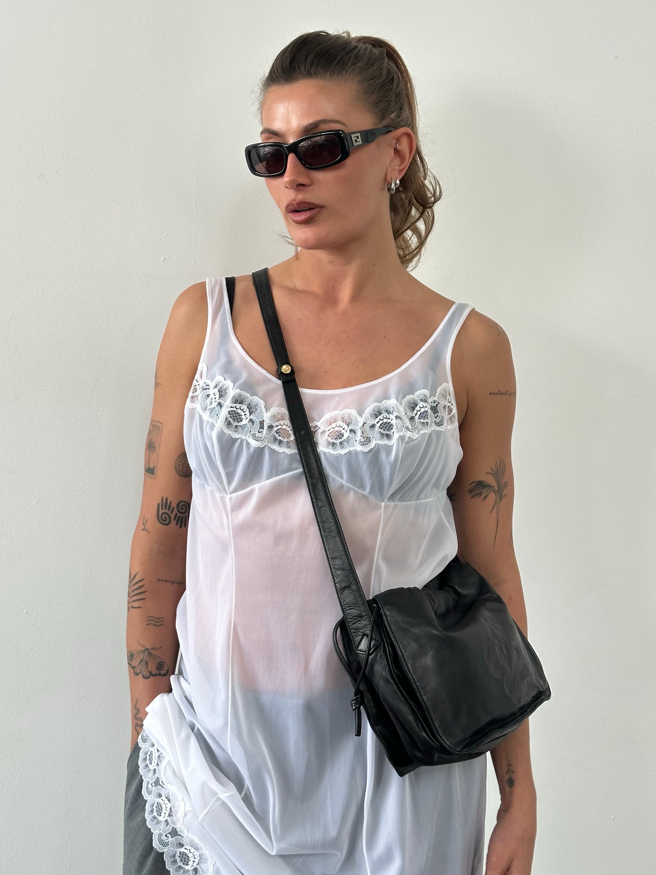 Italian Vintage 1990s Sheer Lace Sleeveless Dress - L