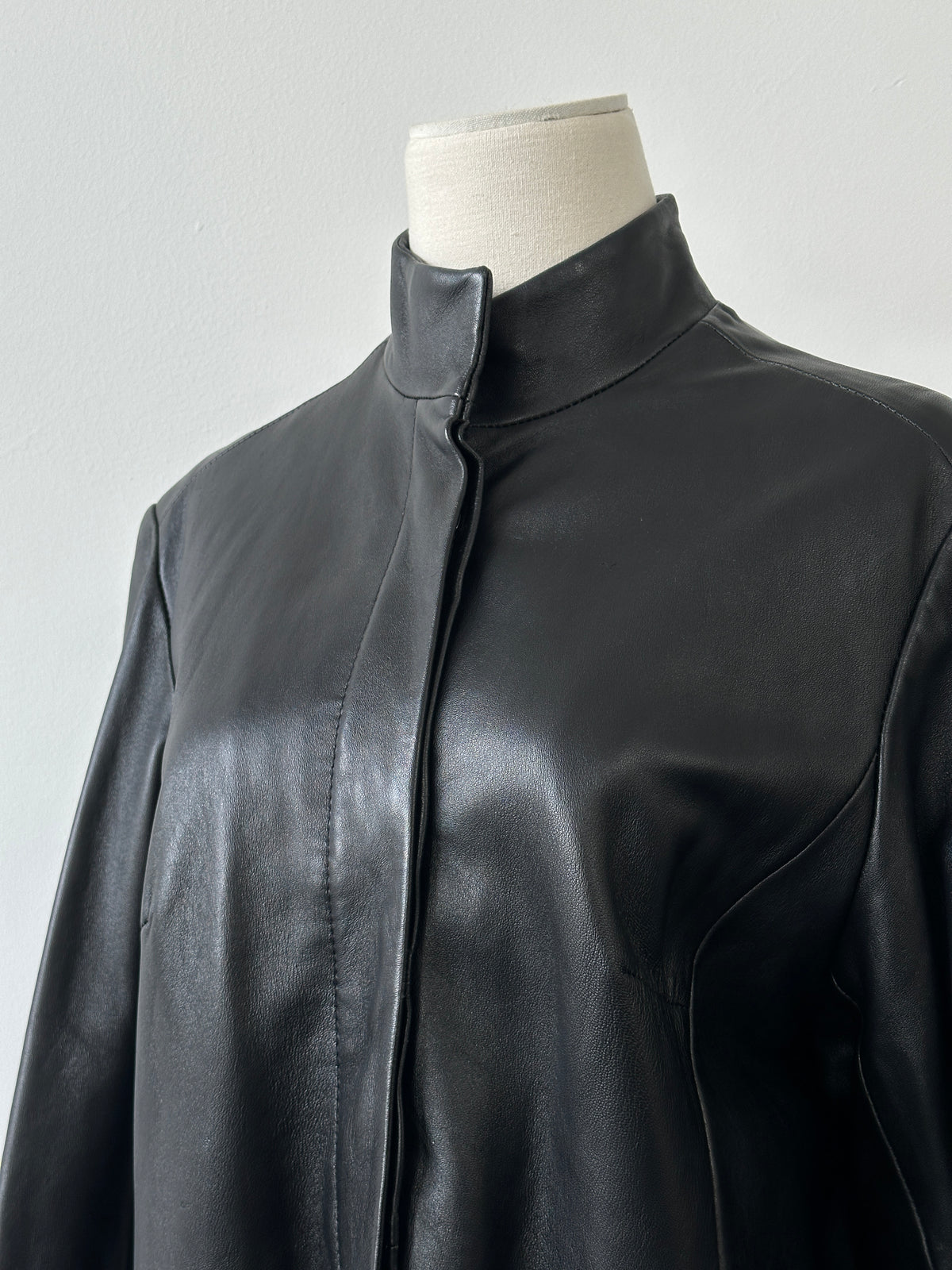 Vintage 1990s High Neck Leather Trench Coat - M