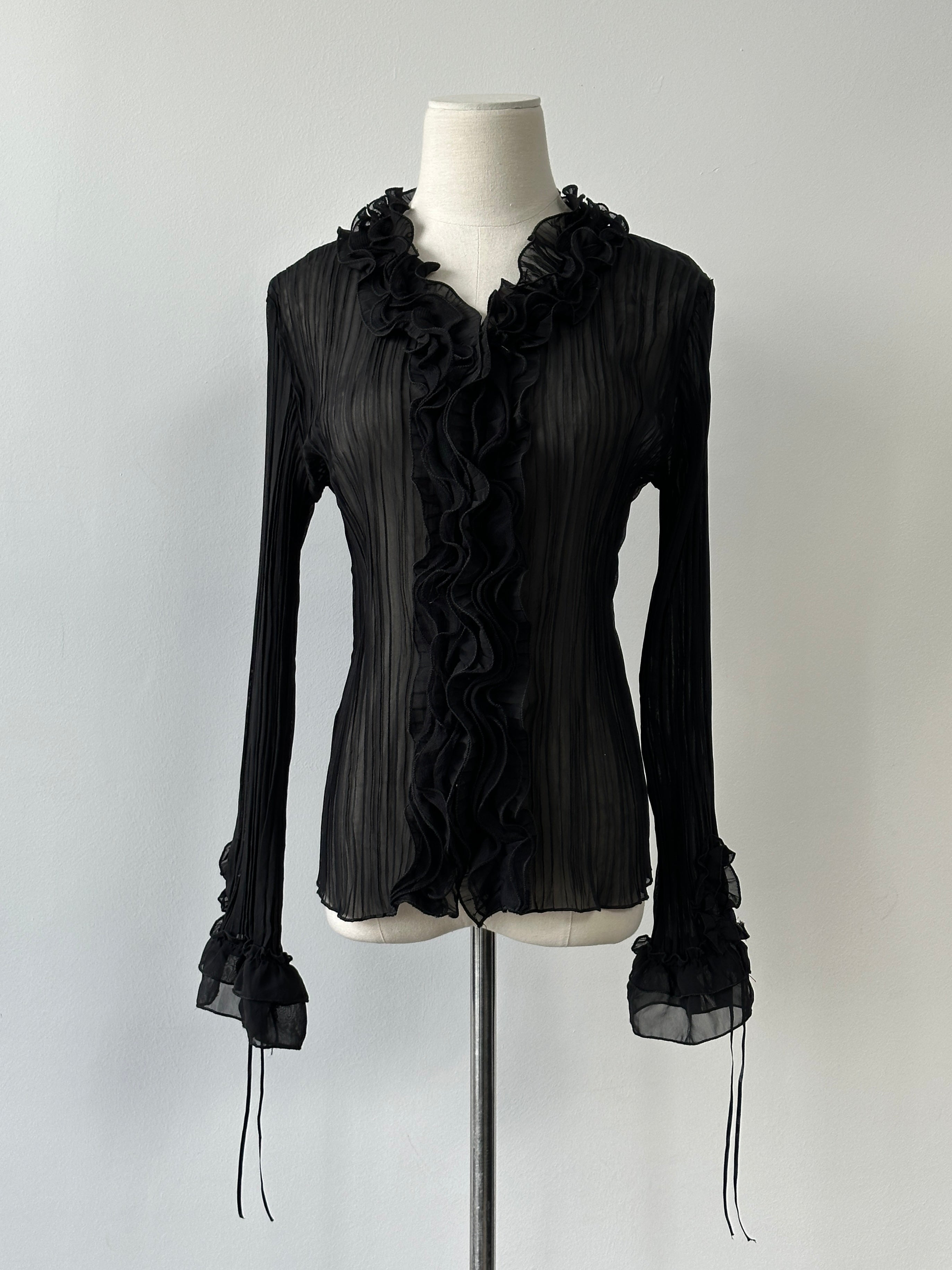 Vintage 2000s Sheer Ruffle Pleated Fitted Shirt - S