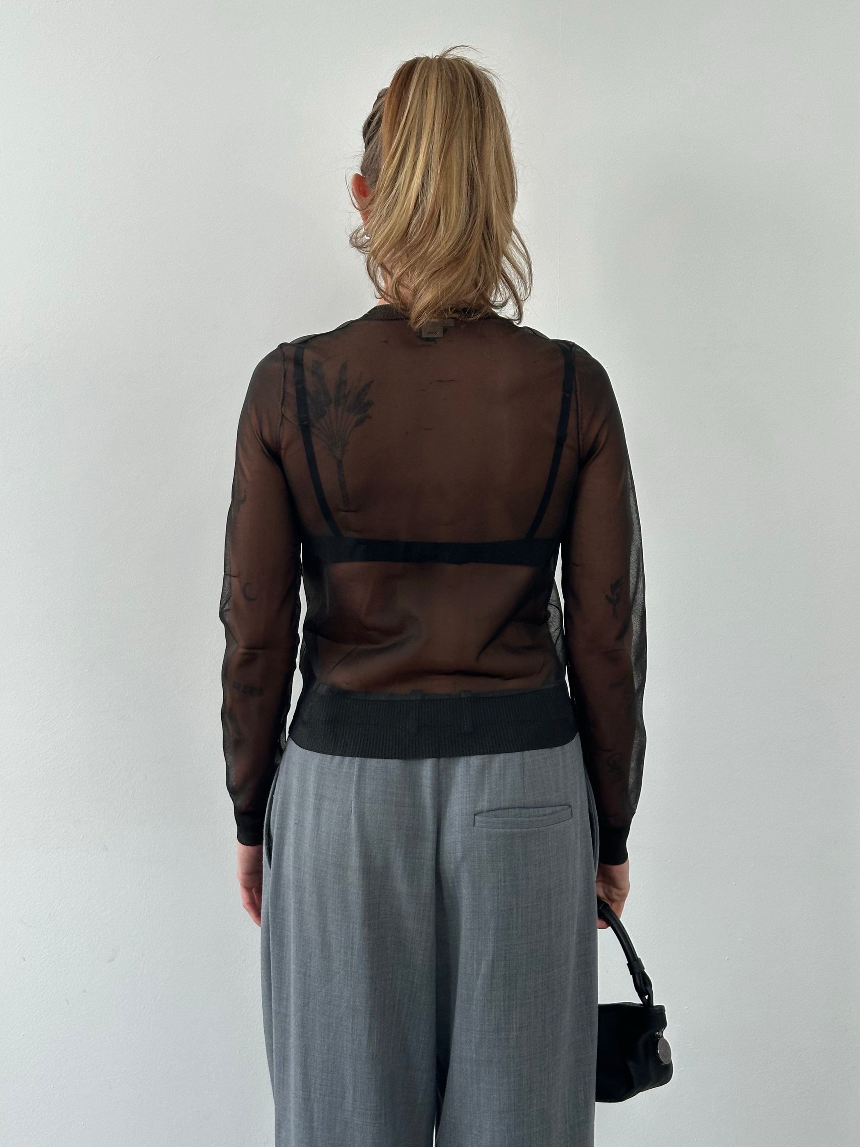 DKNY Jeans 1990s sheer knit cardigan, size small, featuring lightweight, see-through fabric and classic design.