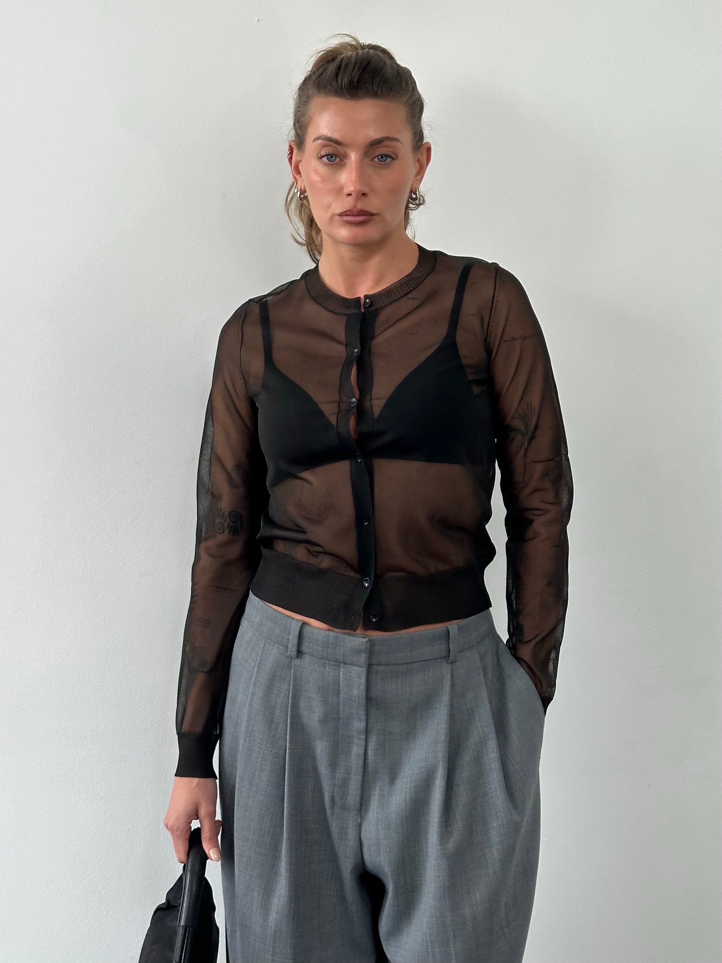 DKNY Jeans 1990s sheer knit cardigan, size small, featuring lightweight, see-through fabric and classic design.