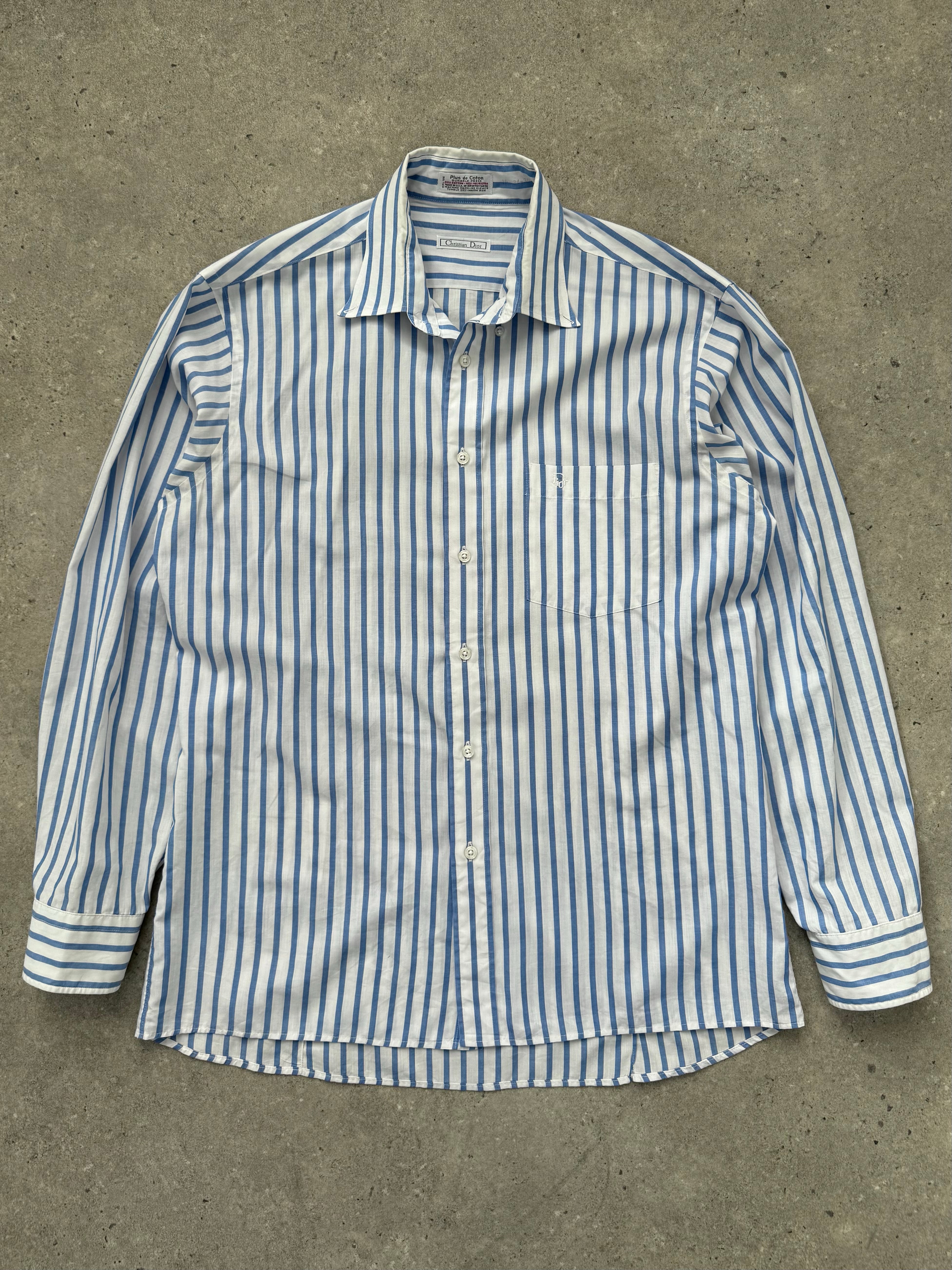 Christian Dior 1980s cotton striped logo shirt in size L, featuring classic design with bold stripes and the Dior logo.
