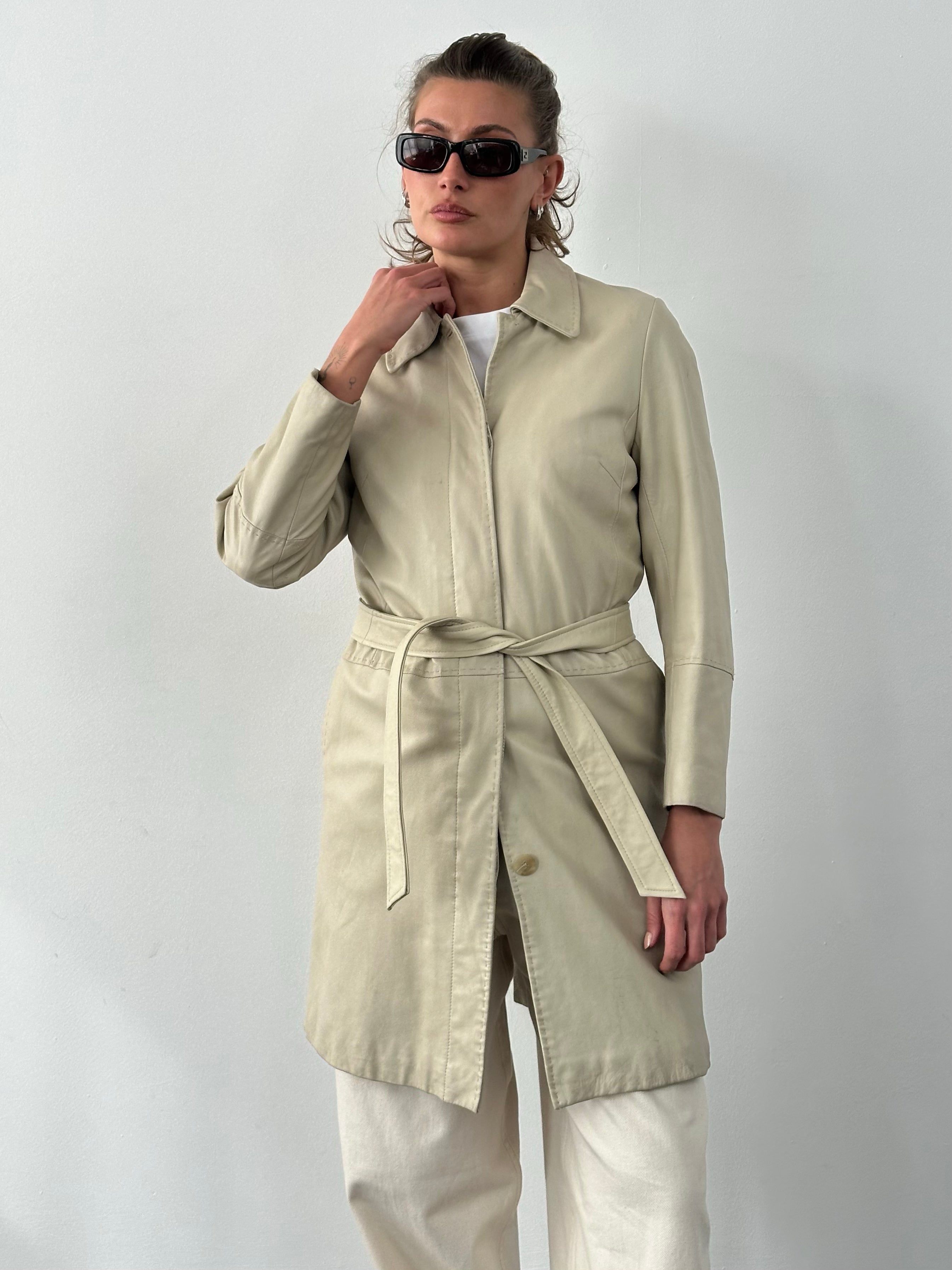 Vintage 1990s Leather Belted Trench Coat - S