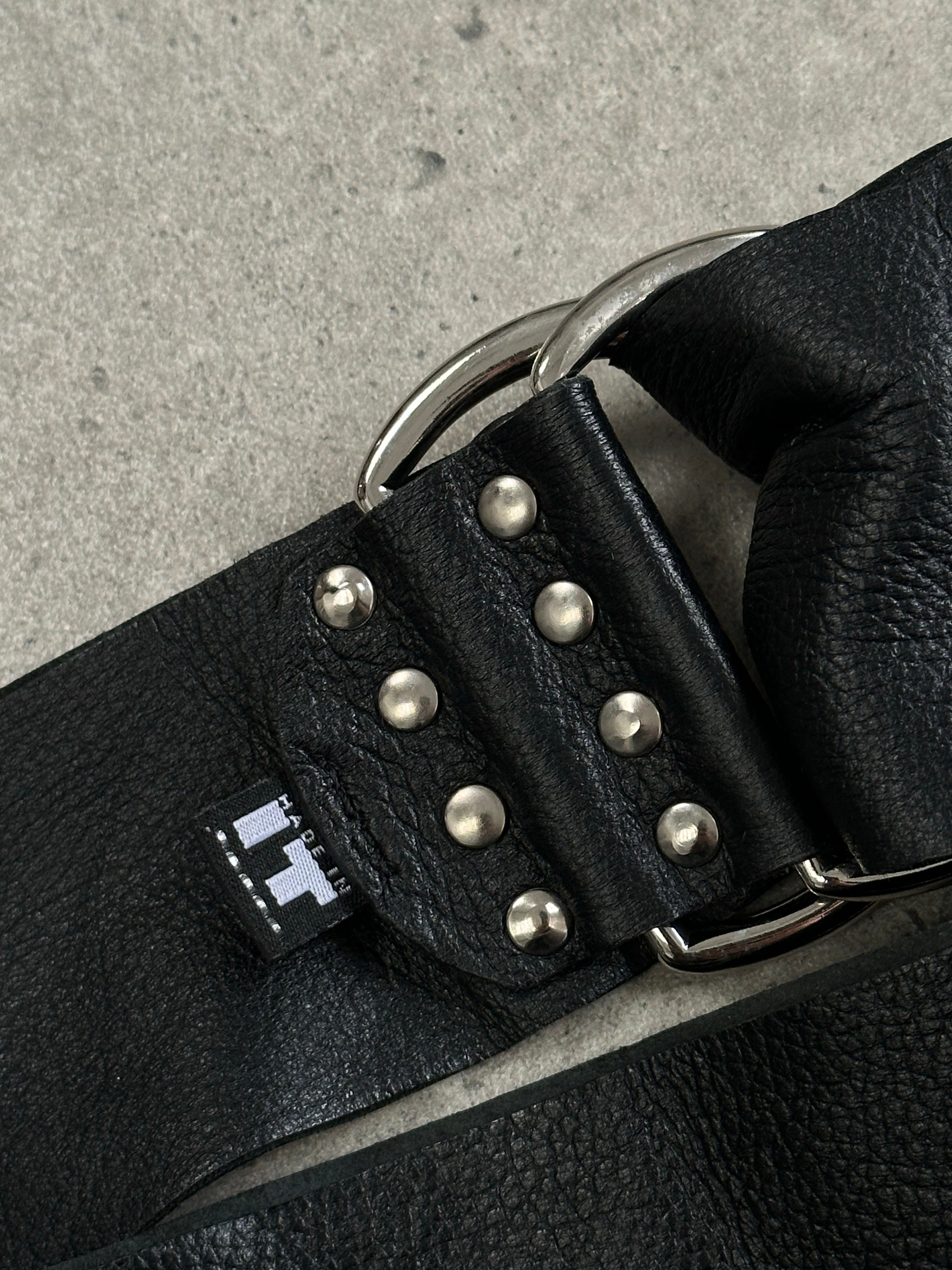 Versace Versus 1990s leather chunky belt with bold logo buckle, black leather strap, and gold-tone hardware.