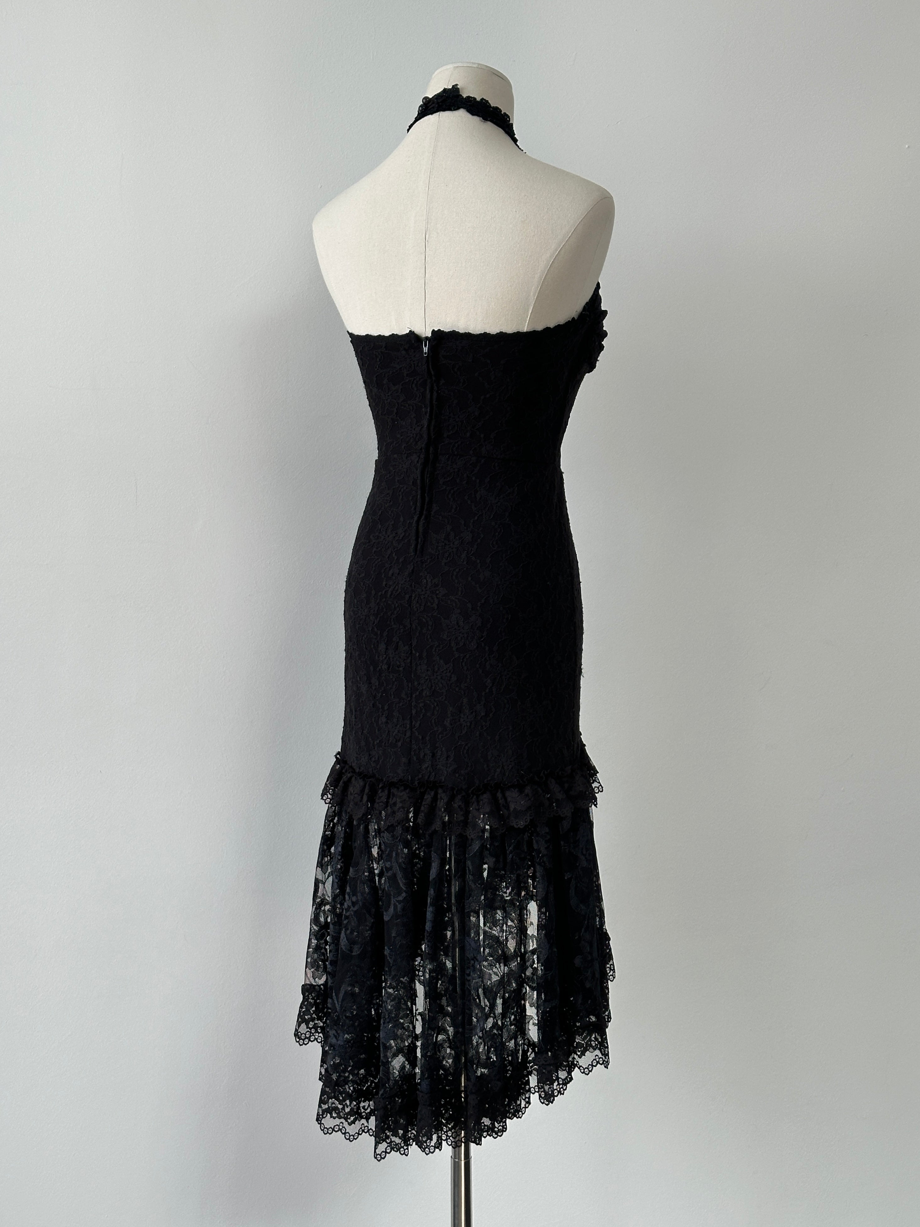 Vintage 2000s Lace Halterneck Midi Dress - M