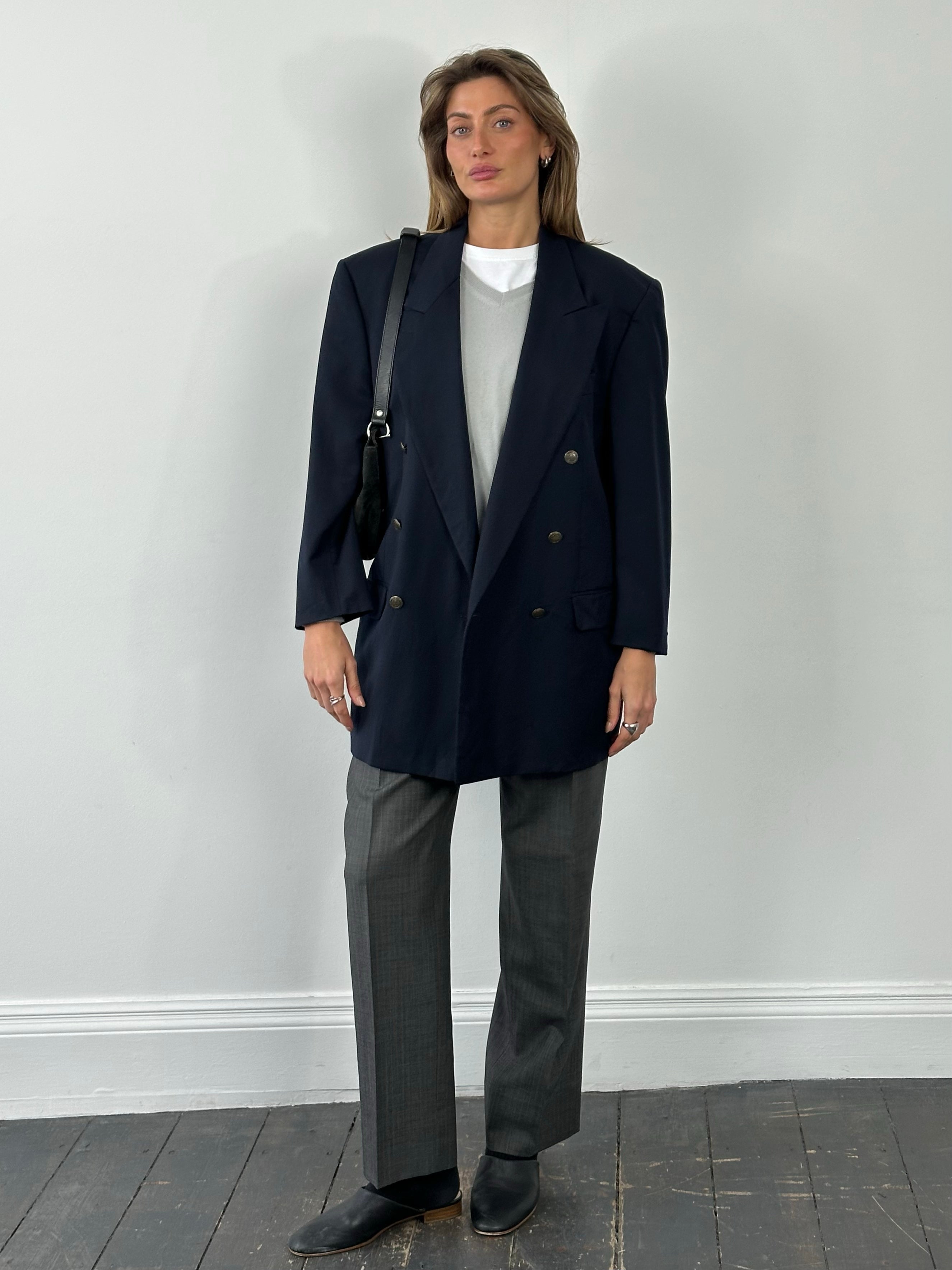 Yves Saint Laurent 1980s bespoke double-breasted wool blazer in XL/XXL, showcasing classic tailored design and structured fit.