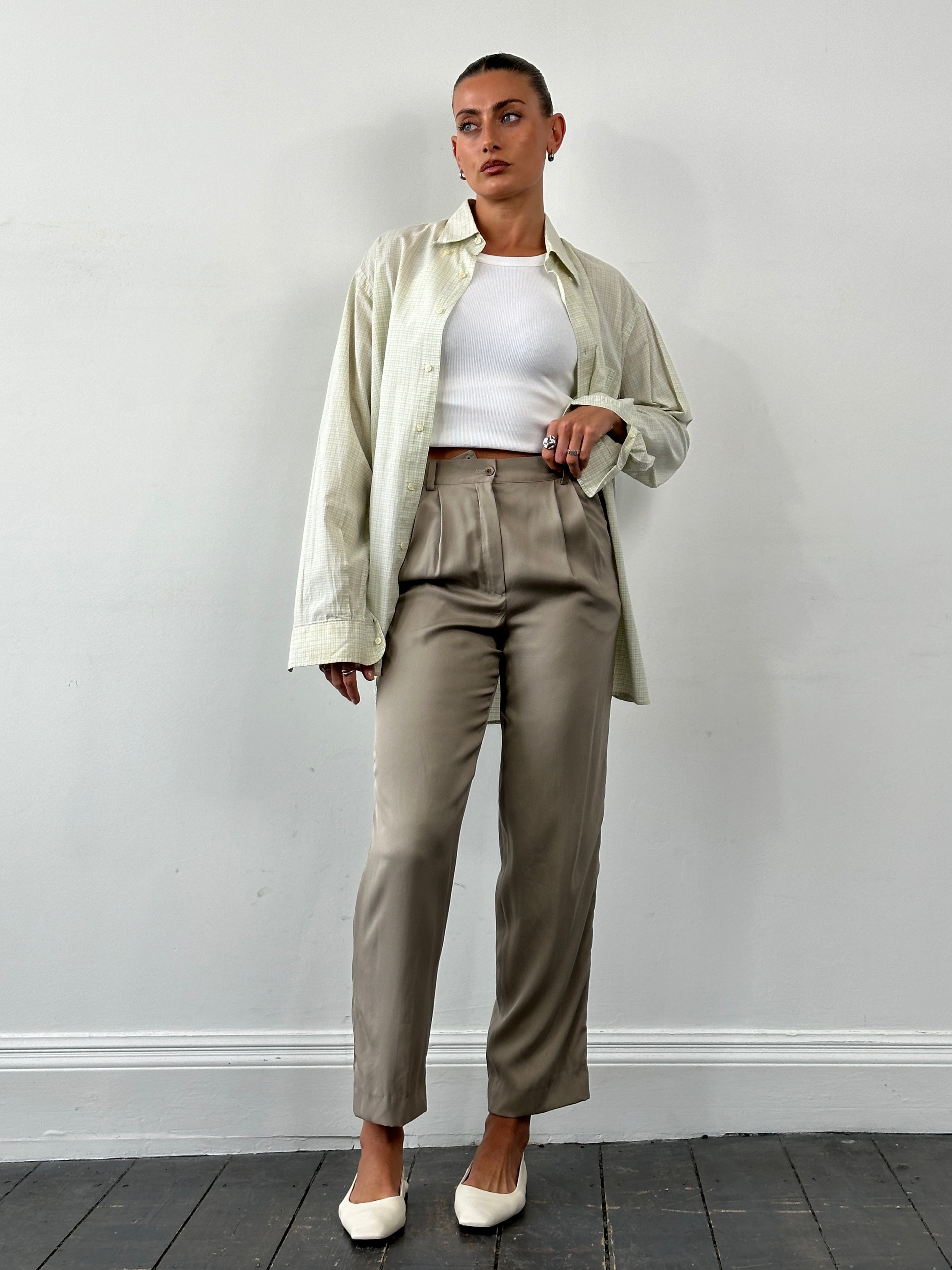 Mani Pure Silk High Waisted Trousers in size W26, beige color, tailored fit, with side pockets and sleek high waist design.