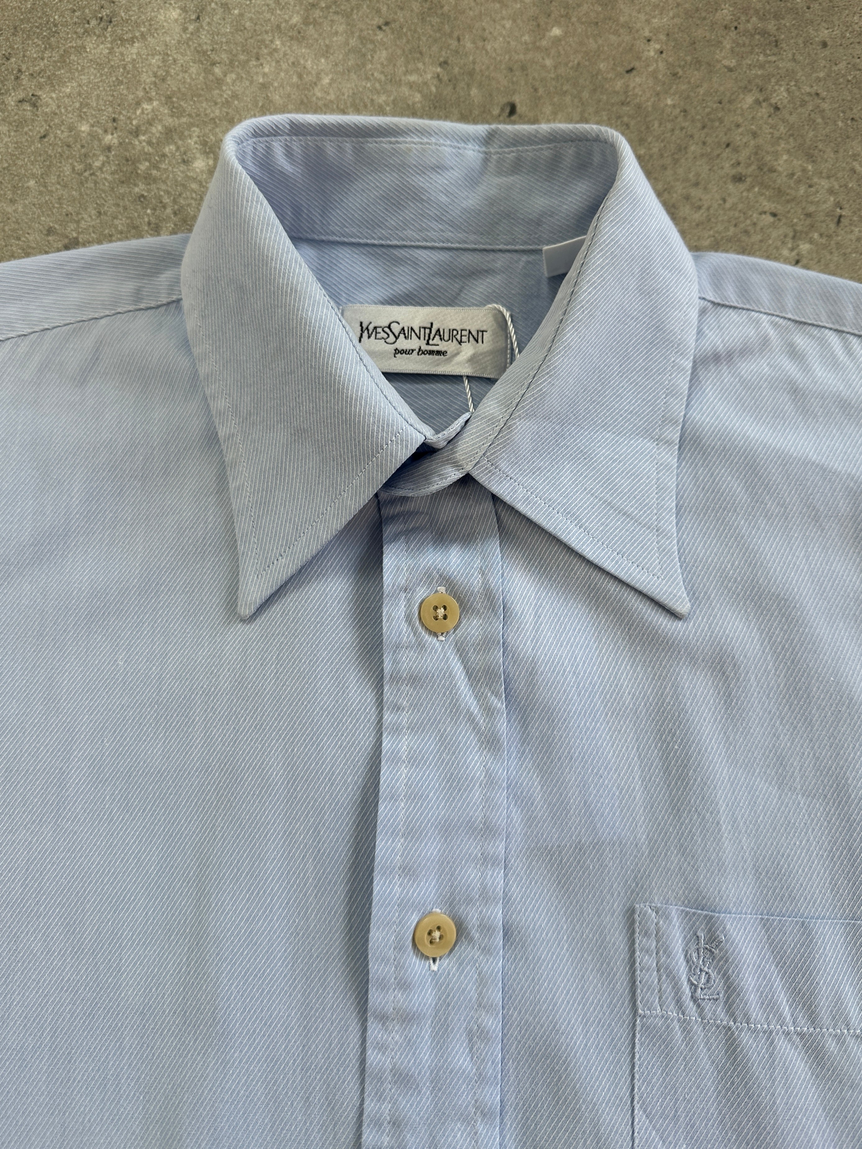 Yves Saint Laurent Pour Homme cotton logo shirt in size M, white with YSL branding on the chest, casual men's shirt.